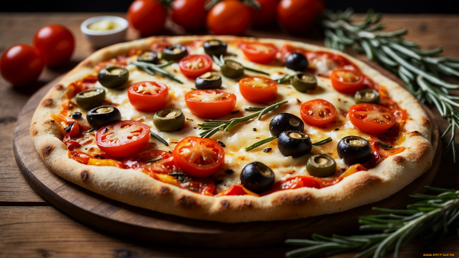 еда, пицца, розмарин, маслины, помидоры