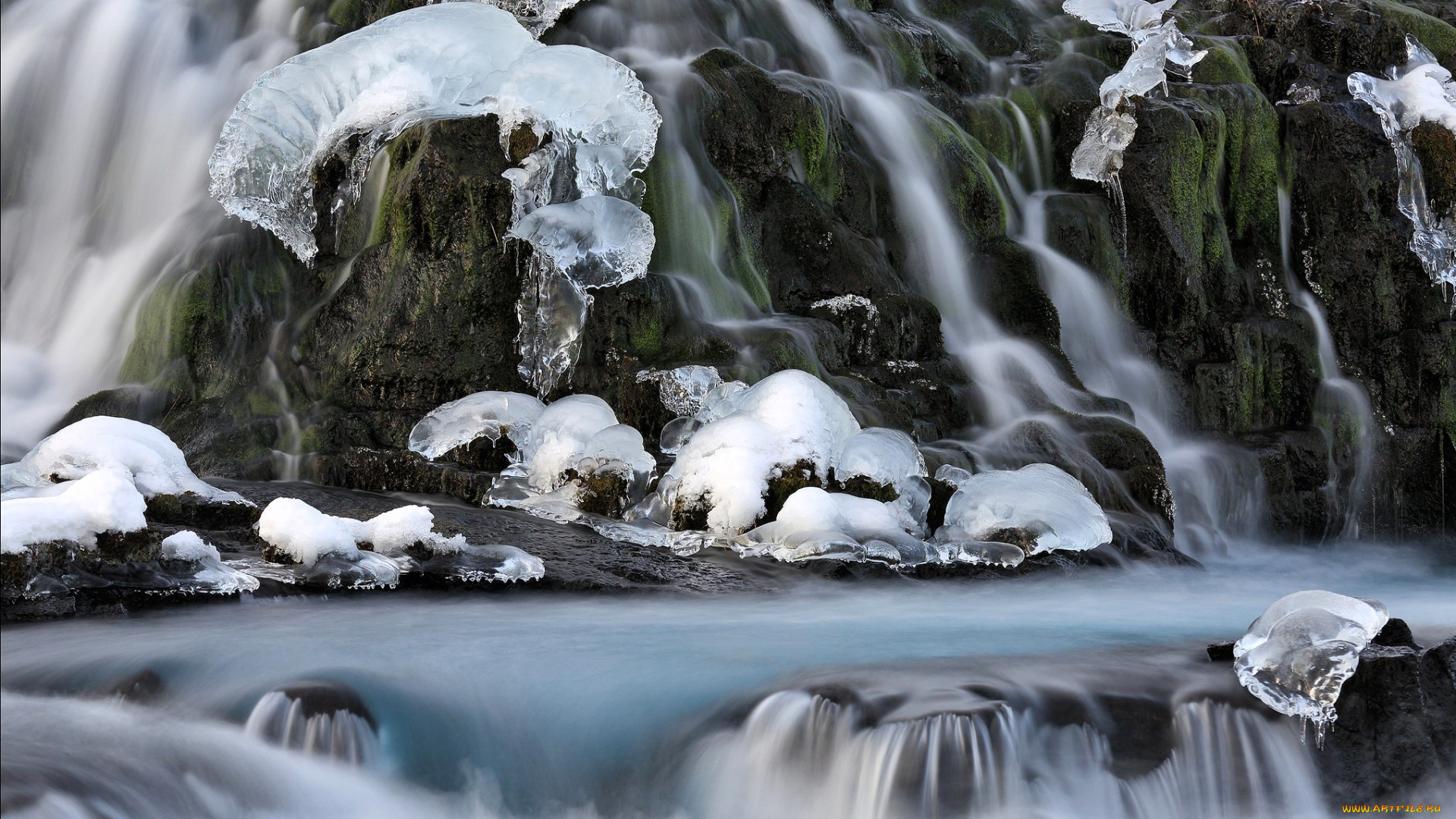 природа, водопады, водопад, мох, лед