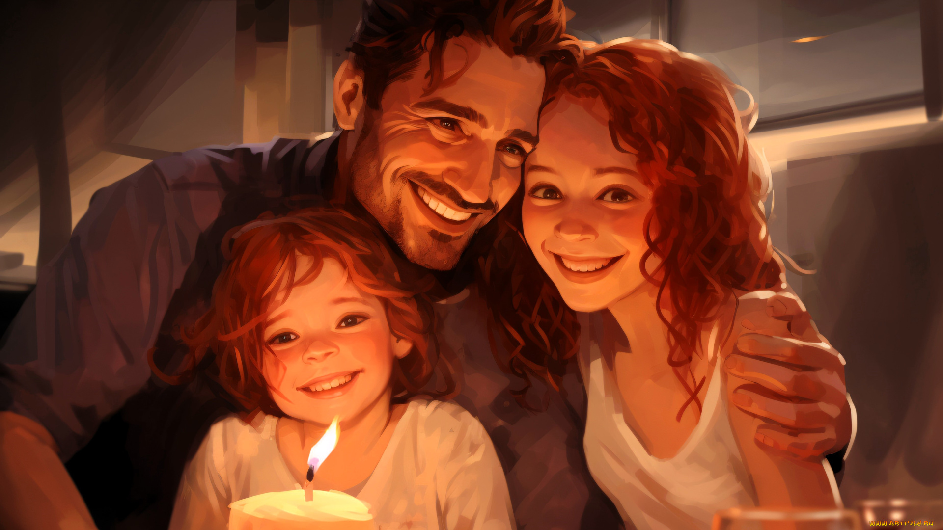 рисованное, люди, семья, свеча, новый, год