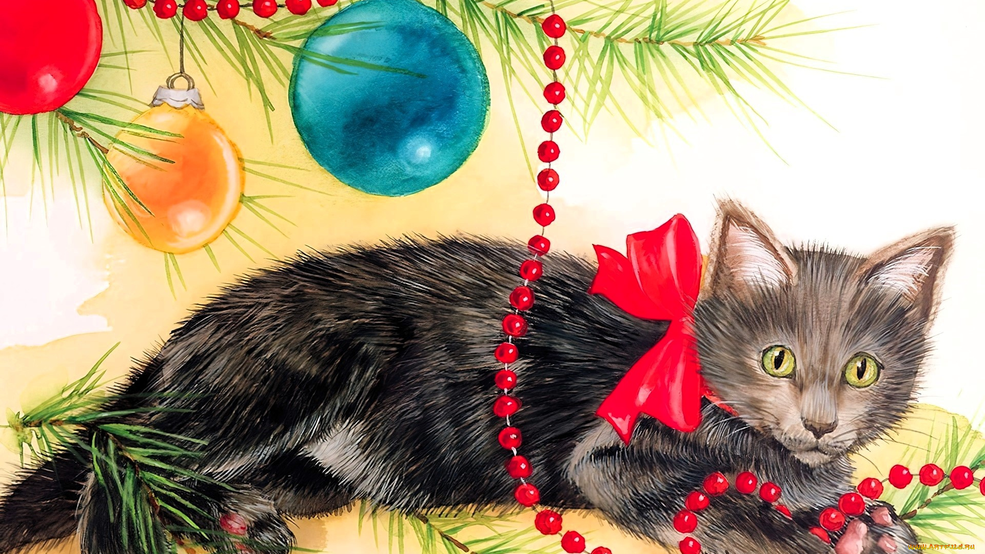 рисованное, животные, , коты, кот, бант, бусы, гирлянда, ёлка, украшения