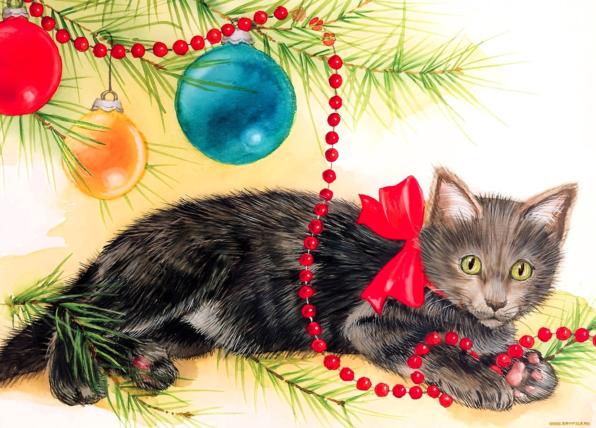 рисованное, животные, , коты, кот, бант, бусы, гирлянда, ёлка, украшения