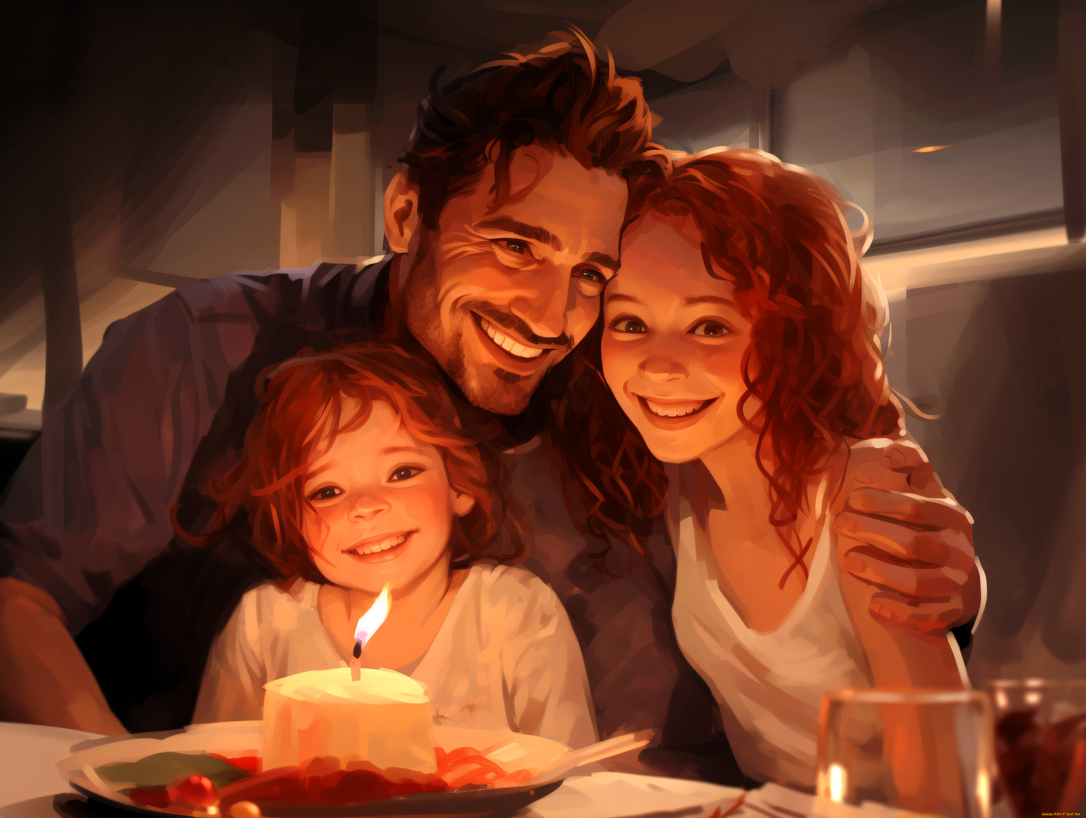 рисованное, люди, семья, свеча, новый, год