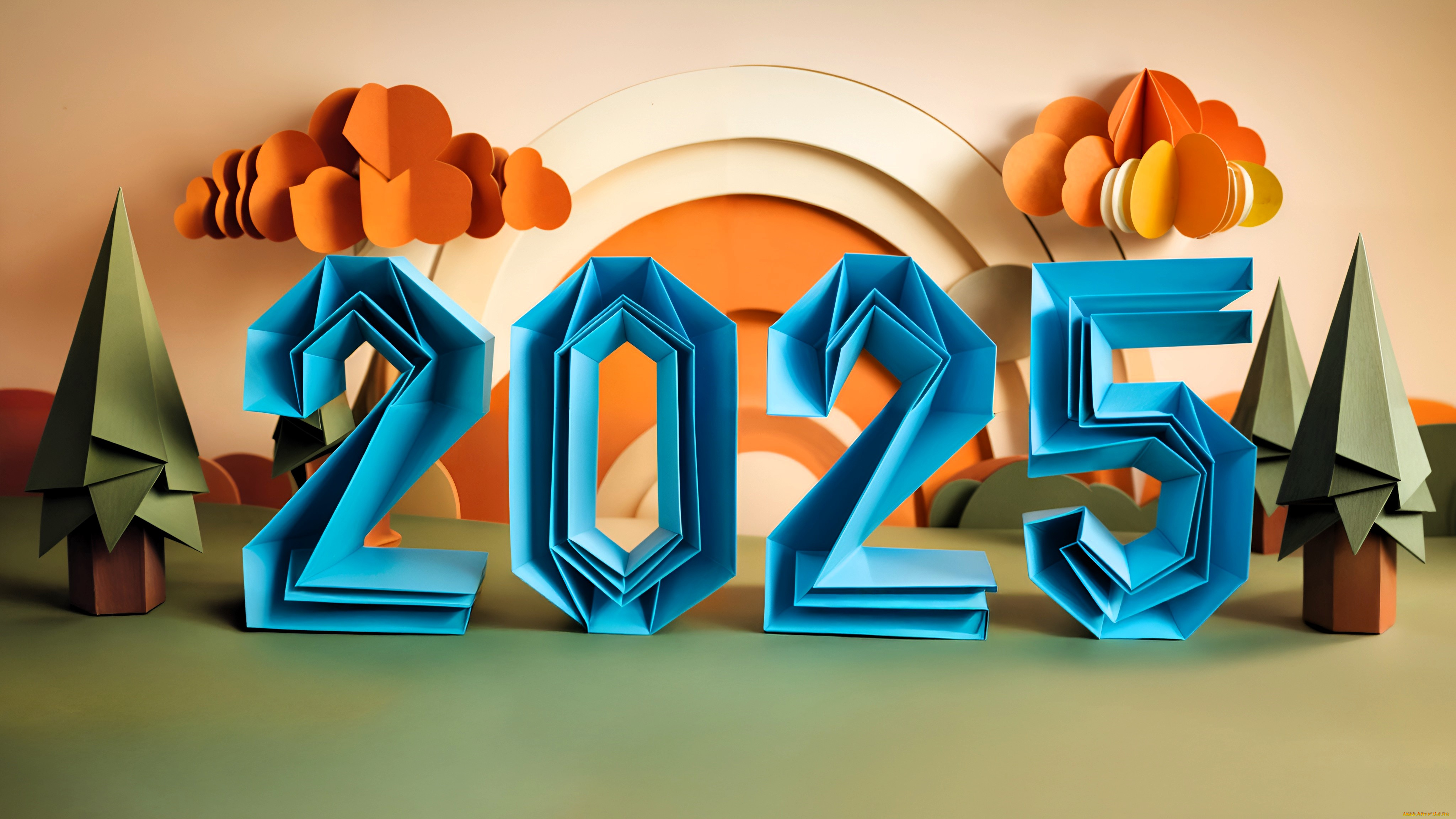 праздничные, -, разное, , новый, год, оригами, деревья, цифры, облака