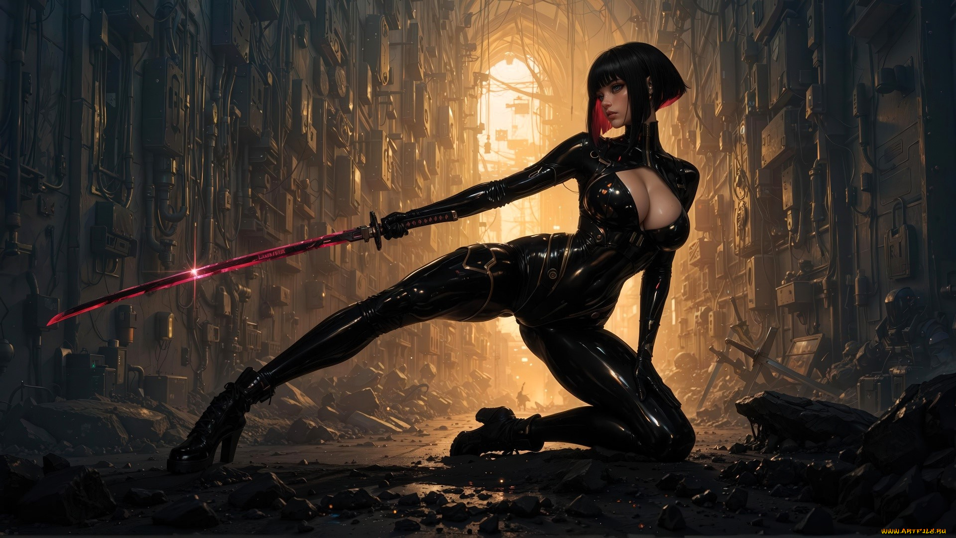 3д, графика, фантазия, , fantasy, девушка, наряд, латекс, меч, стены