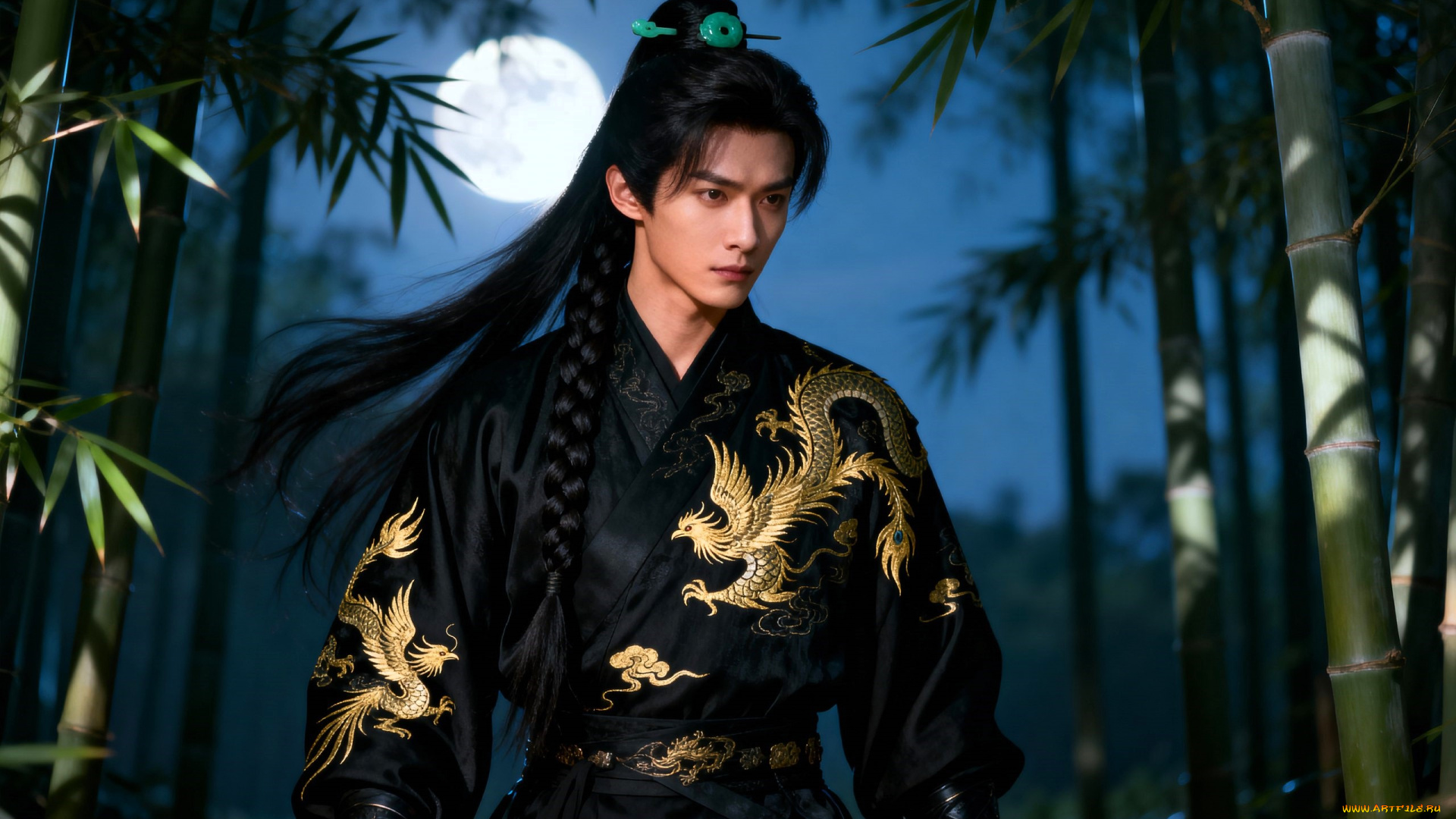 3д, графика, люди, , people, парень, длинные, волосы, коса, наряд, луна, лес, бамбук