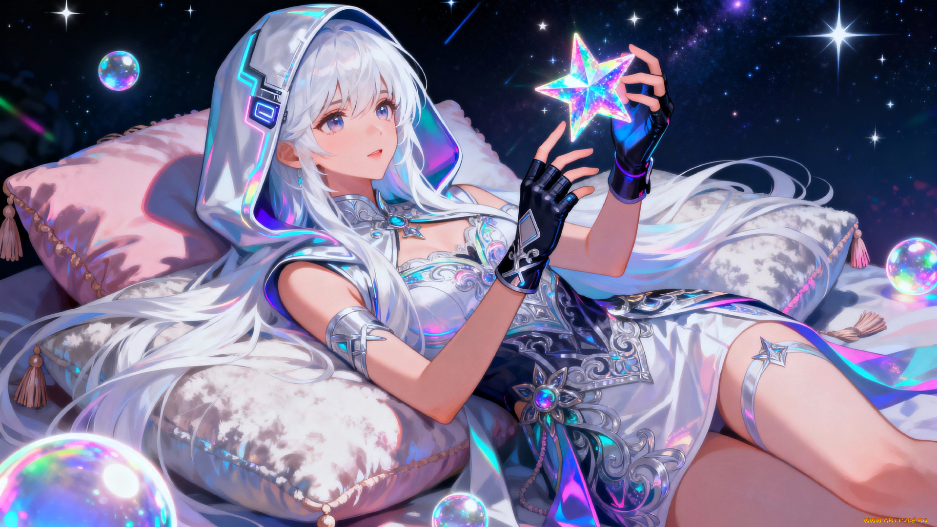 аниме, honkai, , star, rail, девушка, наряд, перчатки, звезда, подушки, шары, космос