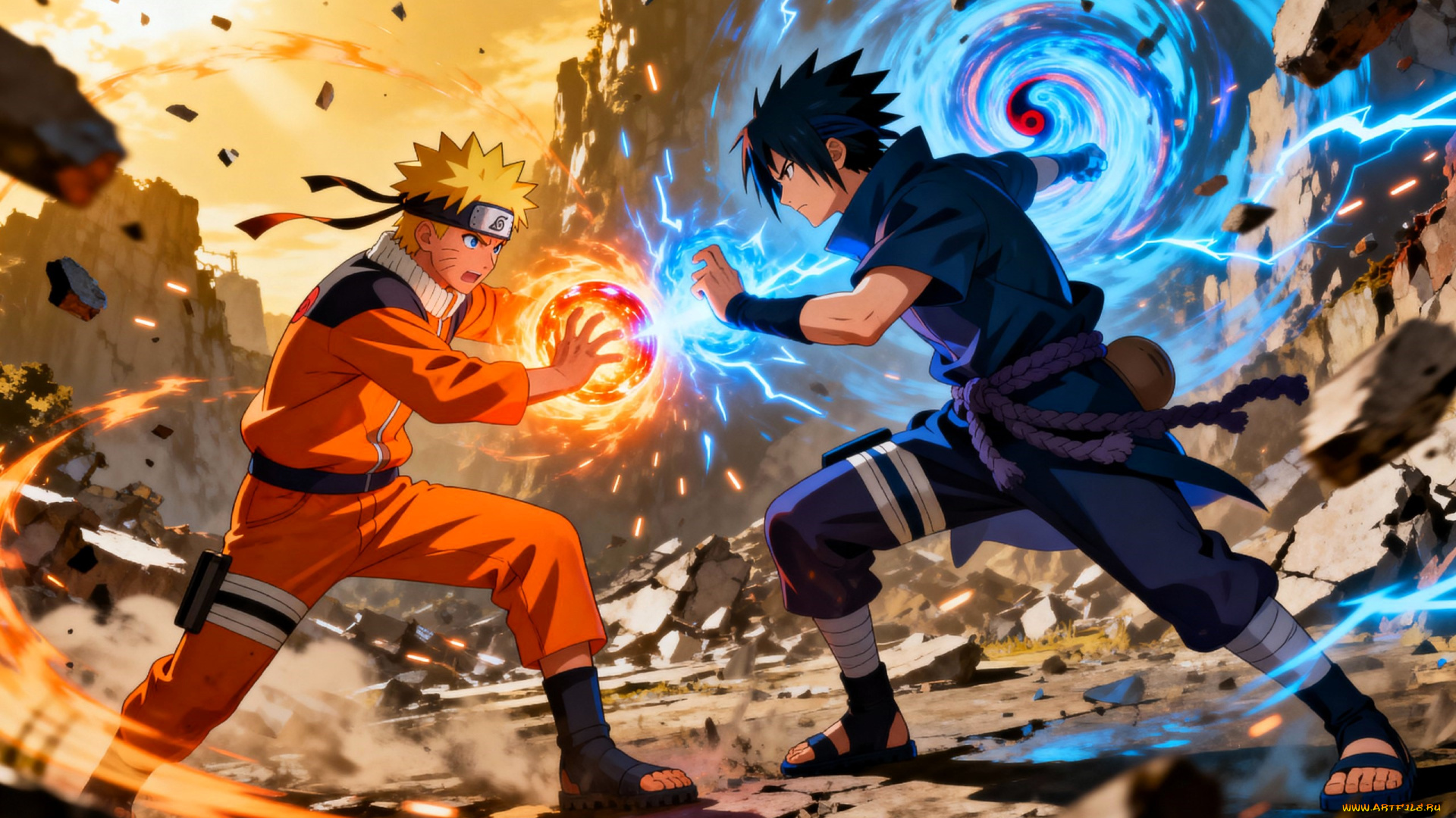 аниме, naruto, узумаки, наруто, учиха, саске, бой, поединок, магия, скалы