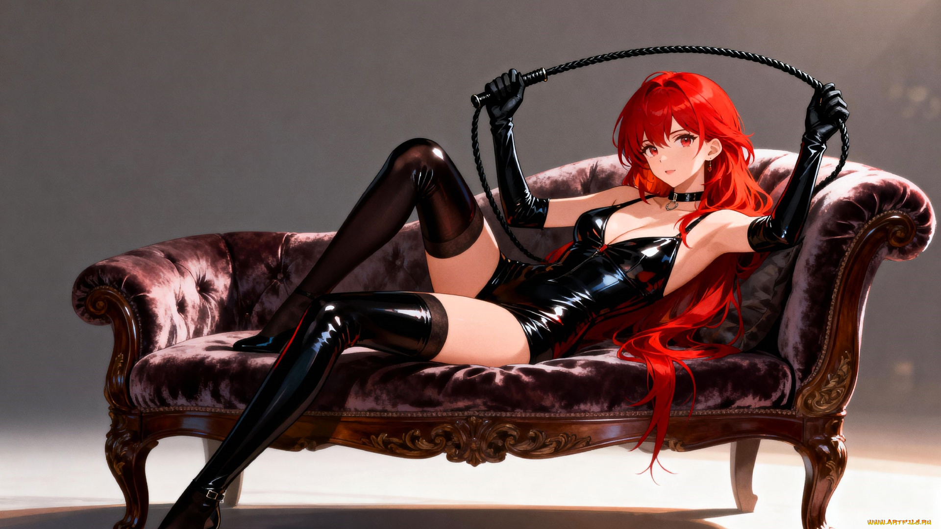 аниме, unknown, , другое, , девушка, боди, чулки, кнут, диван