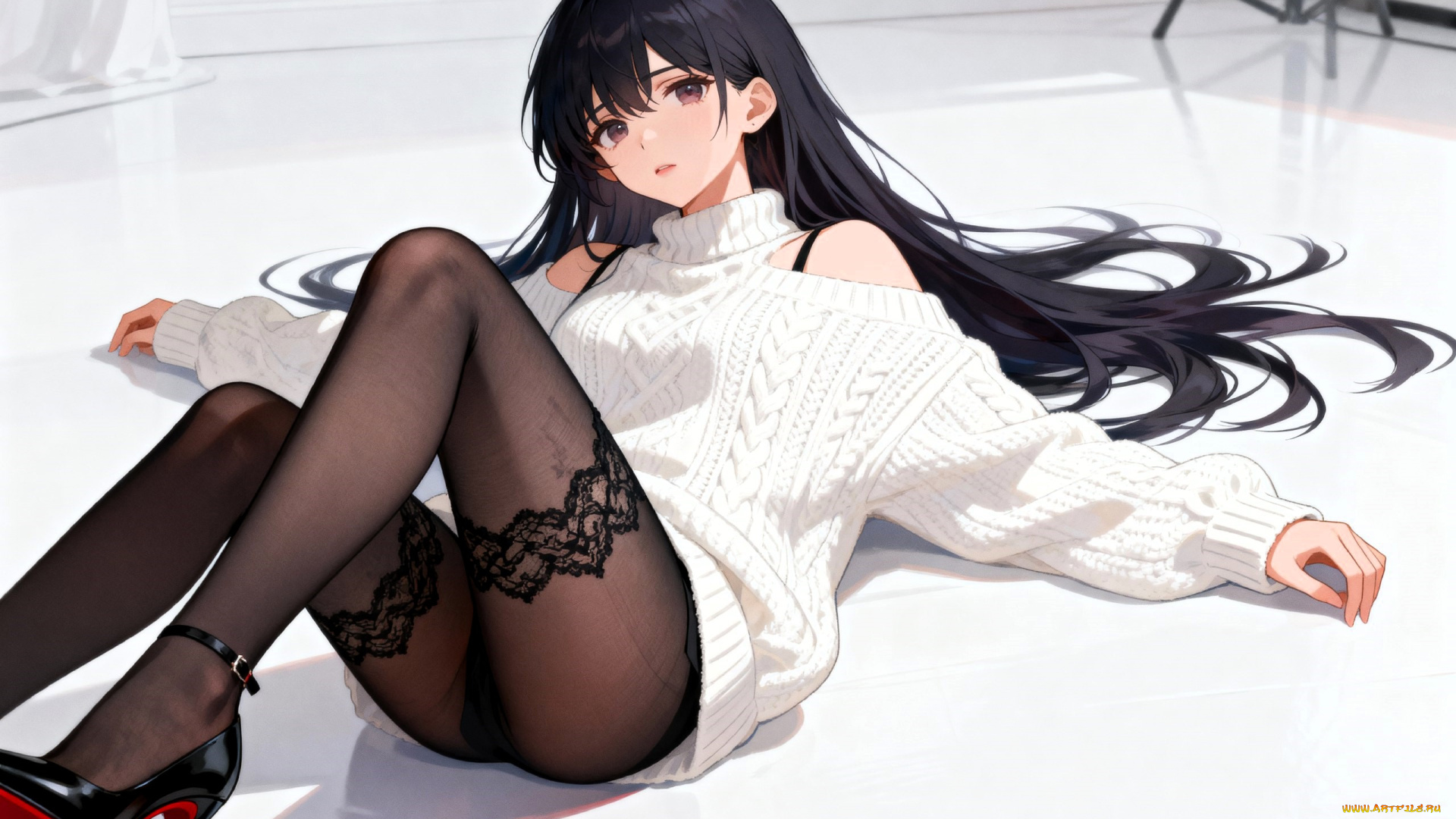 аниме, unknown, , другое, , девушка, брюнетка, свитер, колготки, туфли, пол