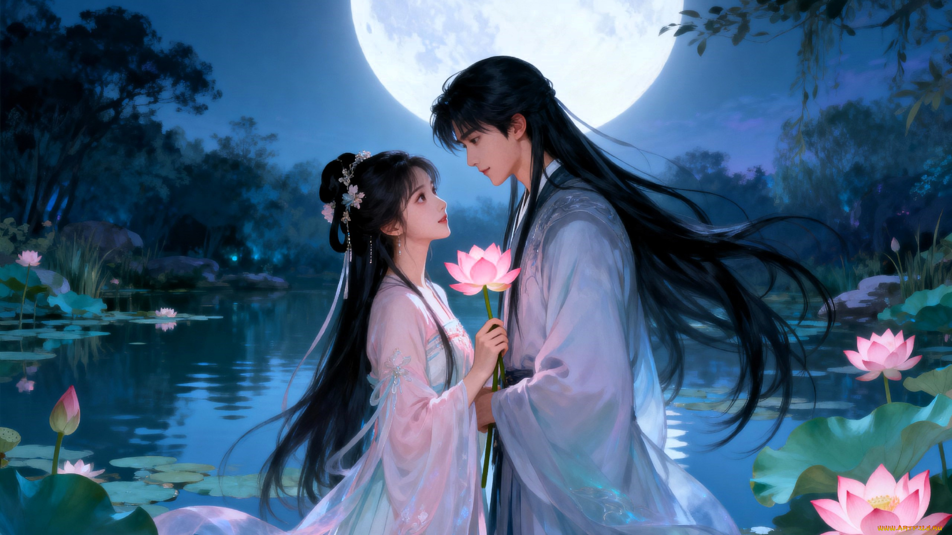 аниме, unknown, , другое, , парень, девушка, лотосы, любовь, озеро, луна