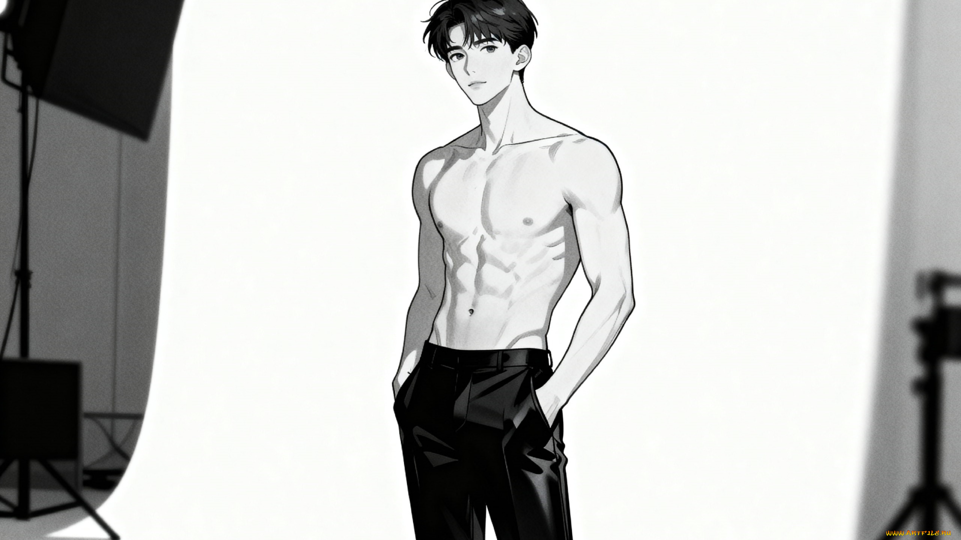 аниме, unknown, , другое, , парень, торс, брюки, фон, камеры