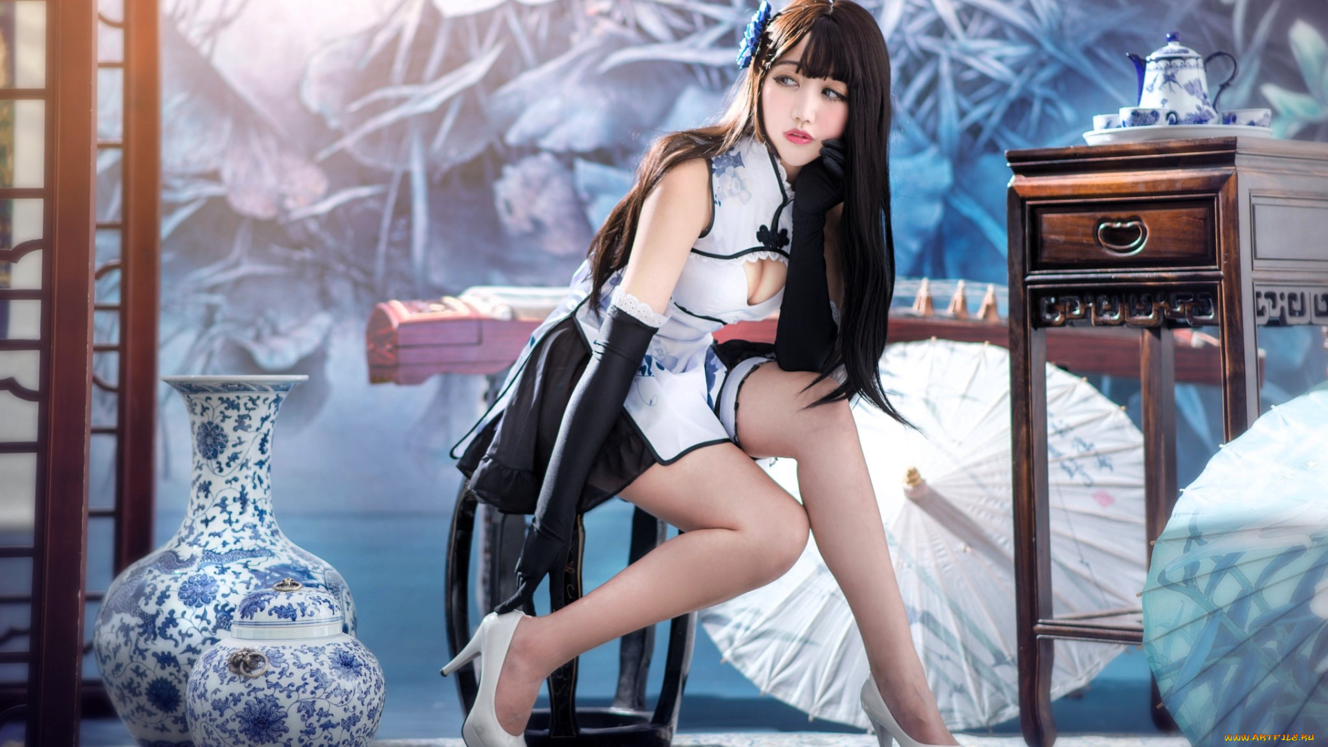 девушки, -, азиатки, образ, наряд, азиатка, инструмент, вазы, панно, зонты, столик