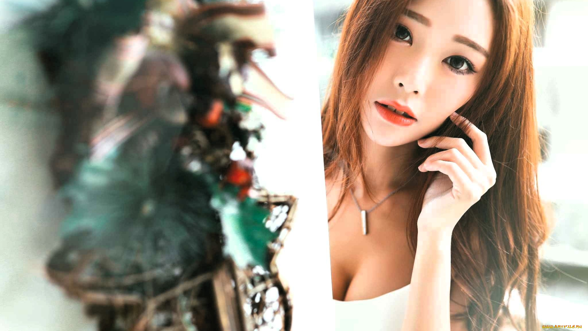 девушки, -, лица, , портреты, шатенка, лицо, азиатка, стена, украшение