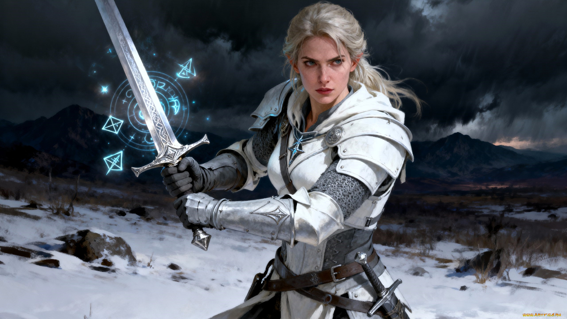 фэнтези, девушки, девушка, воительница, доспехи, меч, магия, снег, горы, тучи