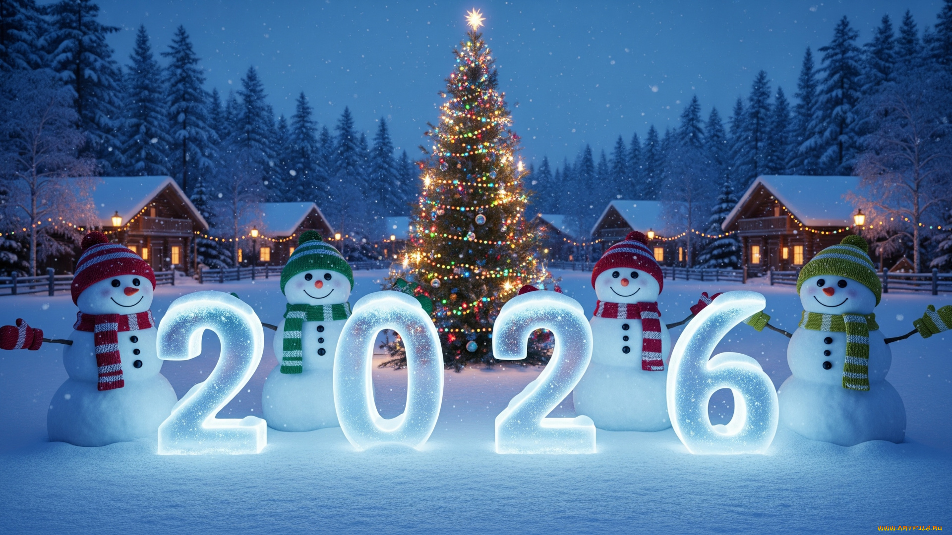 праздник, праздничные, снеговики, зима, снег, новый, год, арт, 2026, ёлка