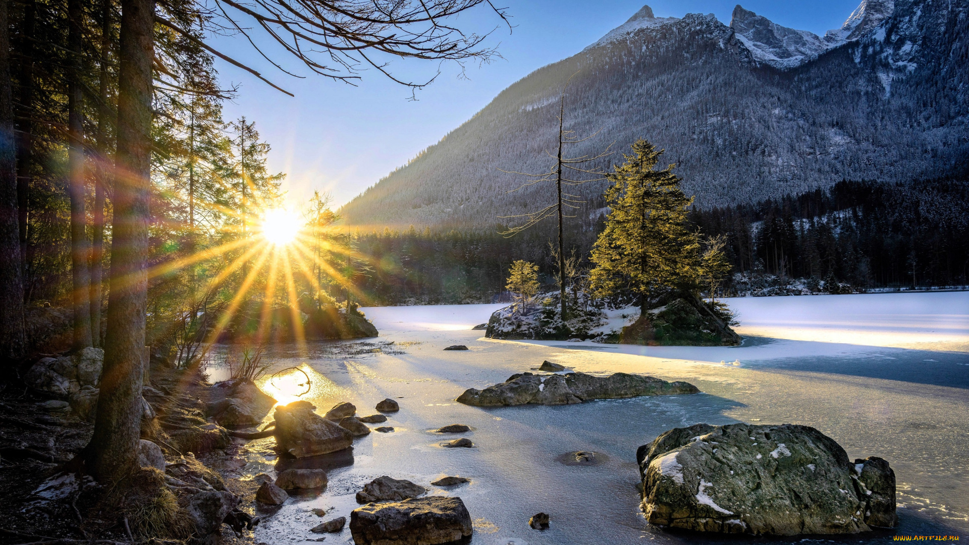 природа, реки, озера, горы, зима, лед, река, деревья, камни, солнце
