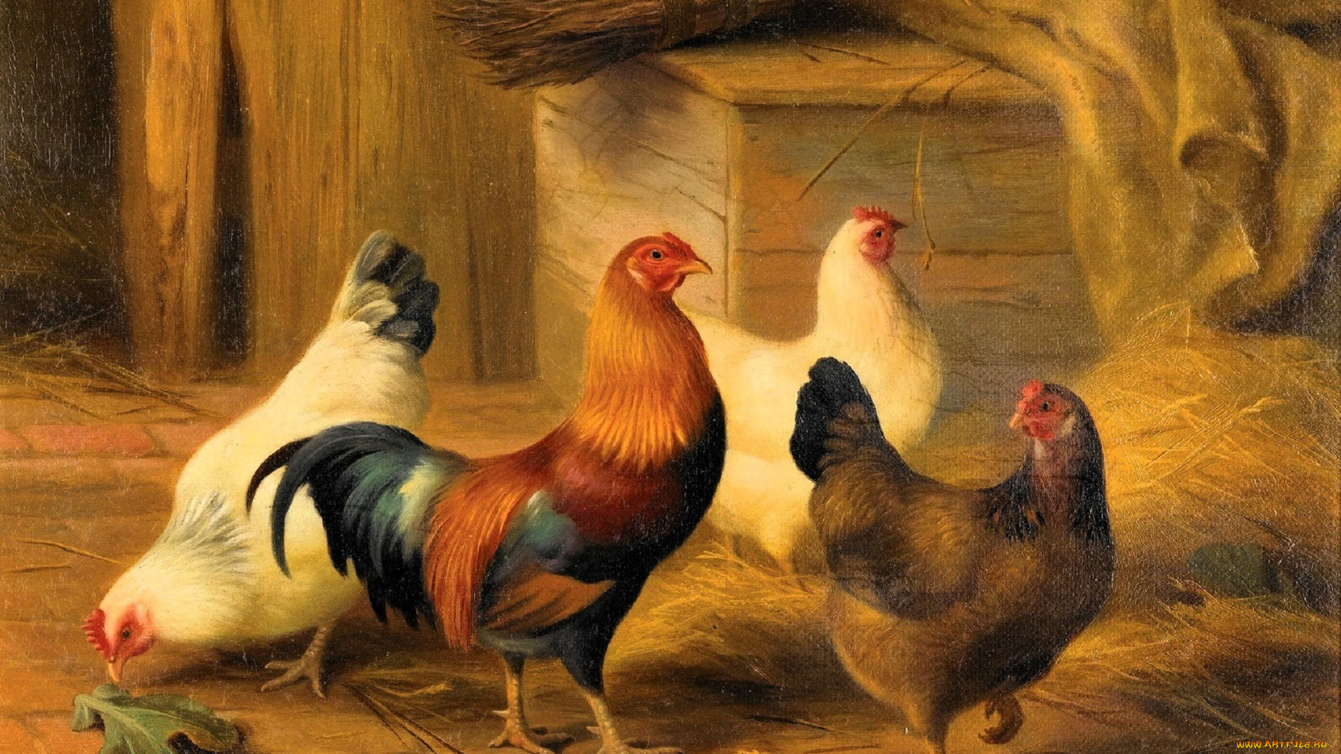 рисованное, edgar, hunt, куры, сарай, сено, метла