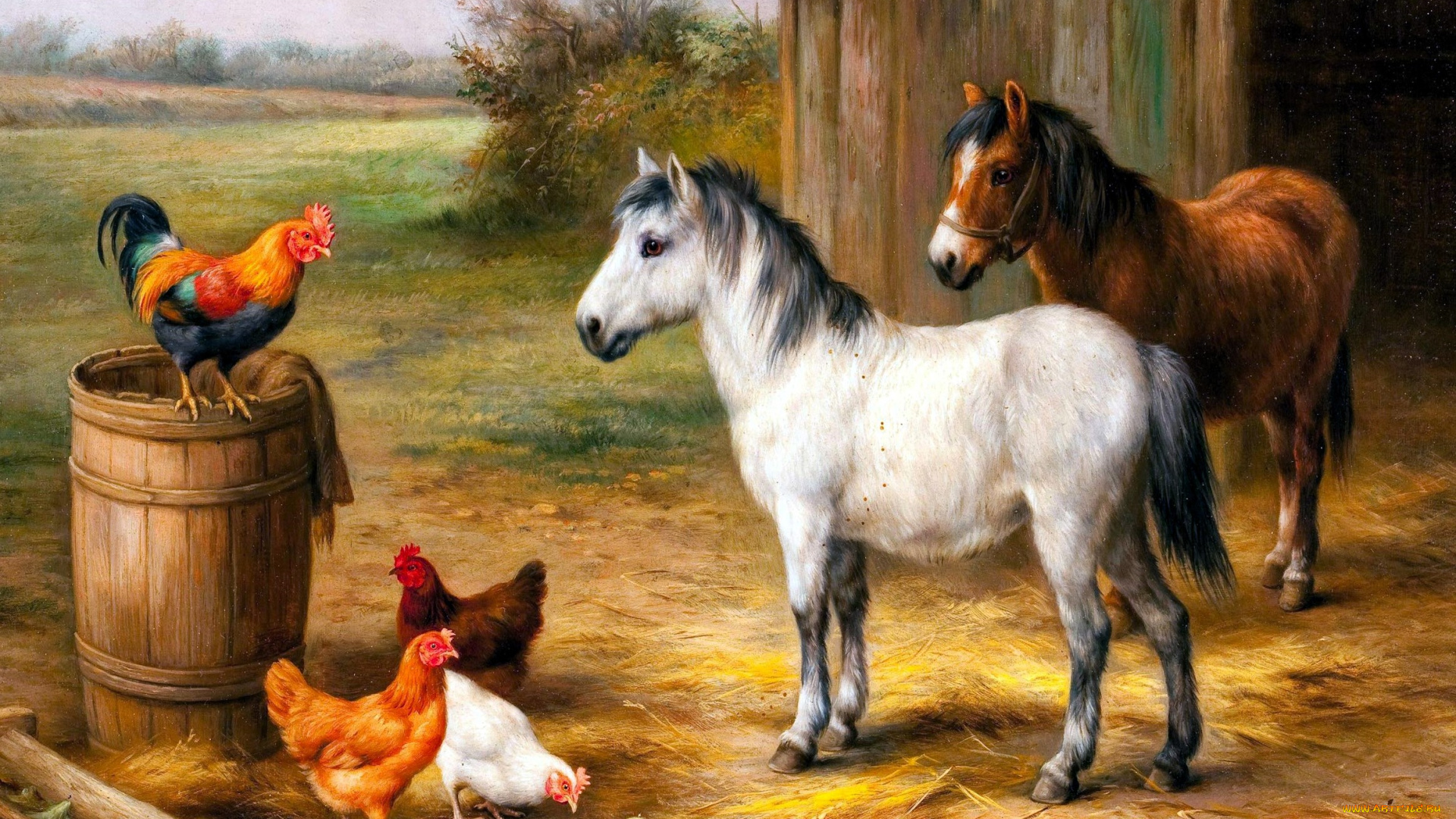 рисованное, edgar, hunt, лошади, куры, сарай, сено, бочка, двор