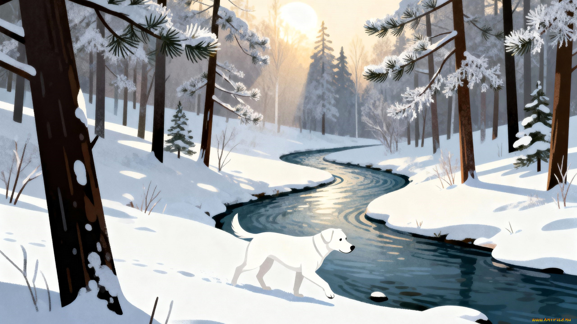 рисованное, животные, , собаки, собака, белая, река, лес, зима, снег