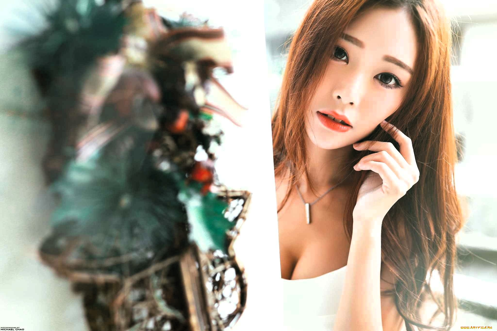 девушки, -, лица, , портреты, шатенка, лицо, азиатка, стена, украшение