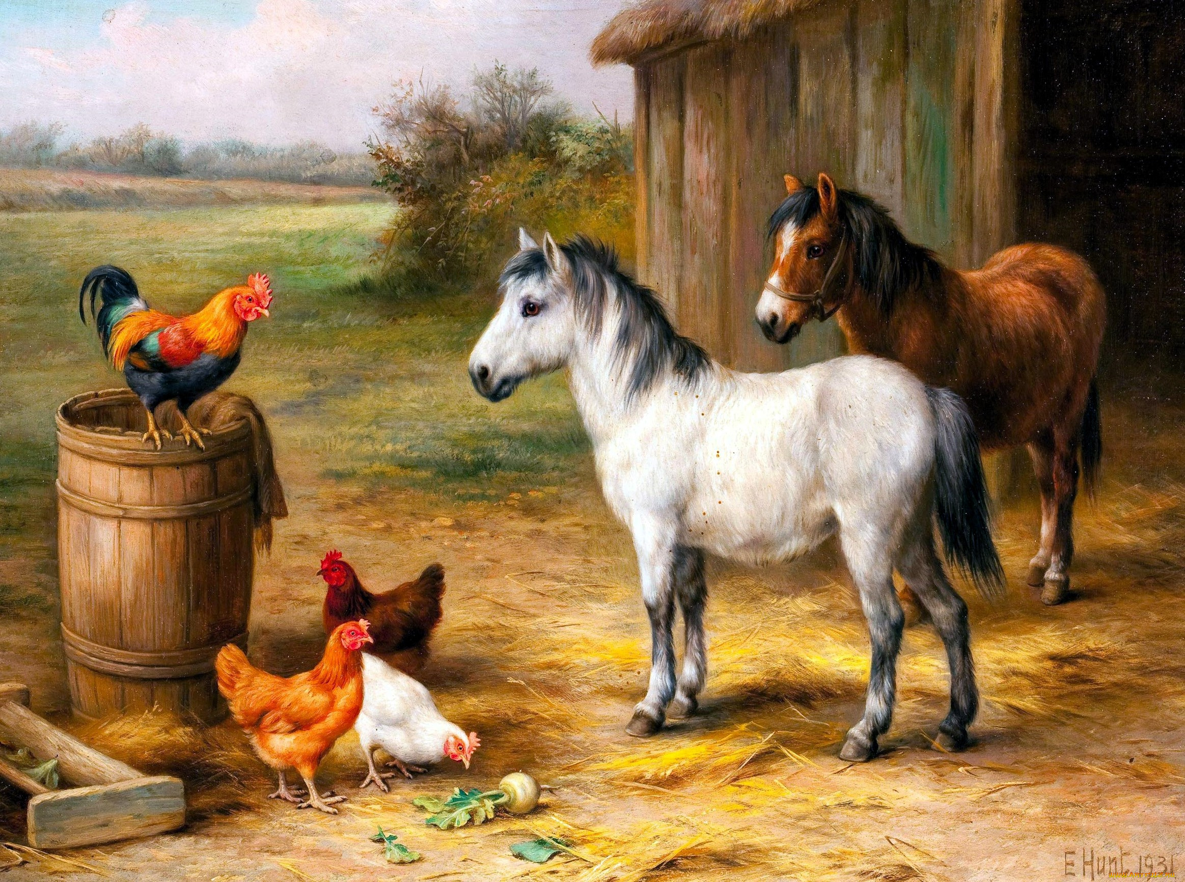 рисованное, edgar, hunt, лошади, куры, сарай, сено, бочка, двор