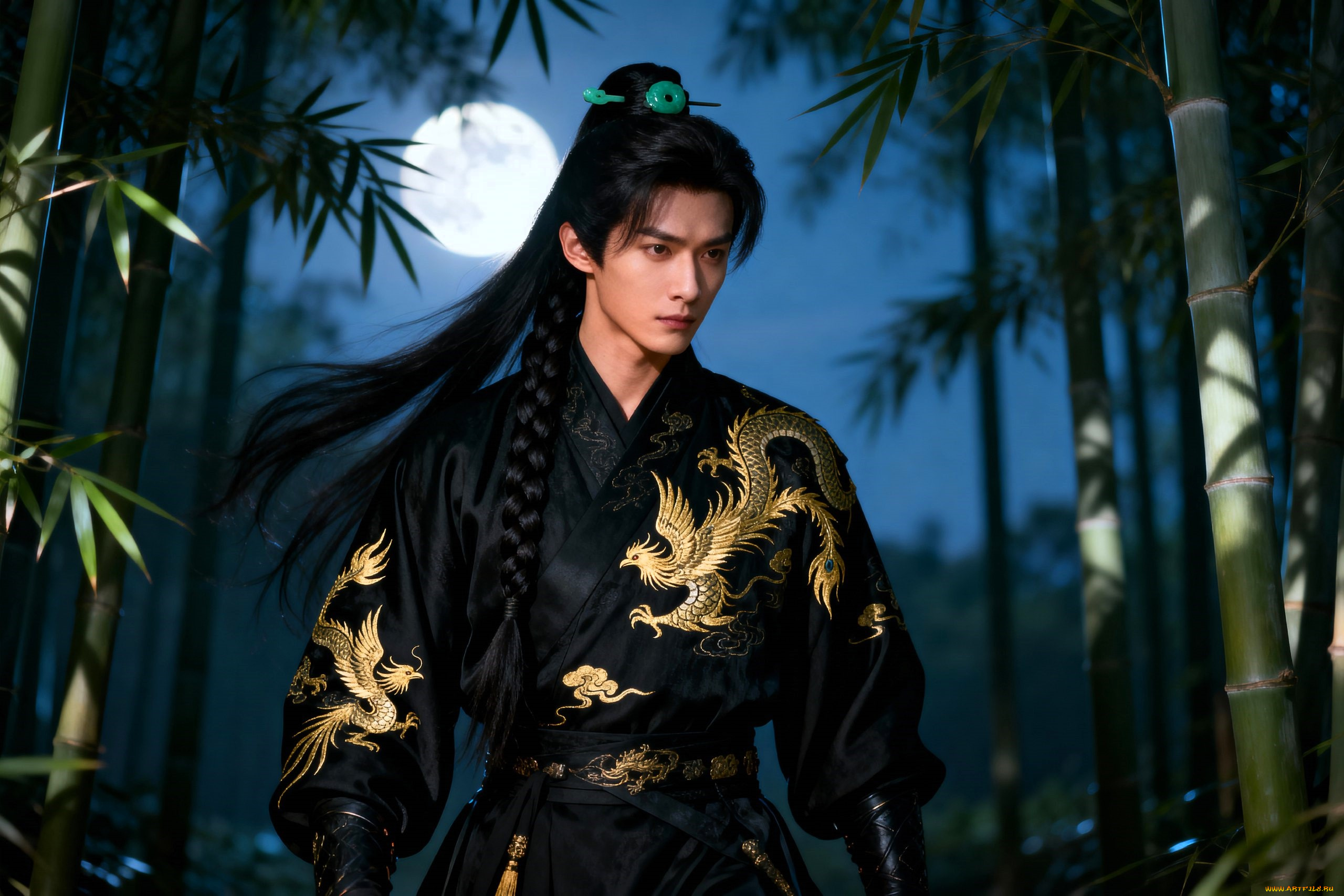 3д, графика, люди, , people, парень, длинные, волосы, коса, наряд, луна, лес, бамбук