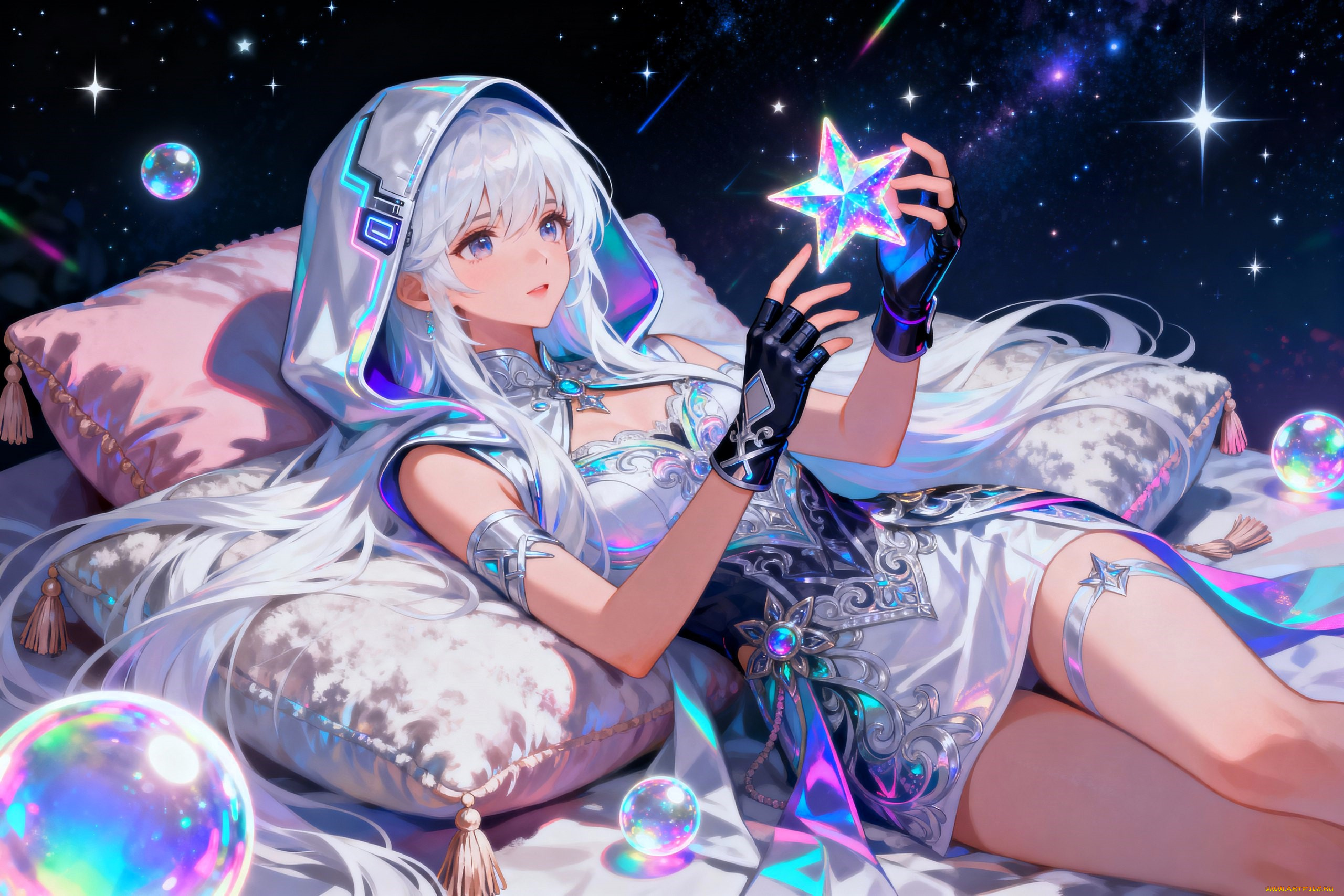 аниме, honkai, , star, rail, девушка, наряд, перчатки, звезда, подушки, шары, космос