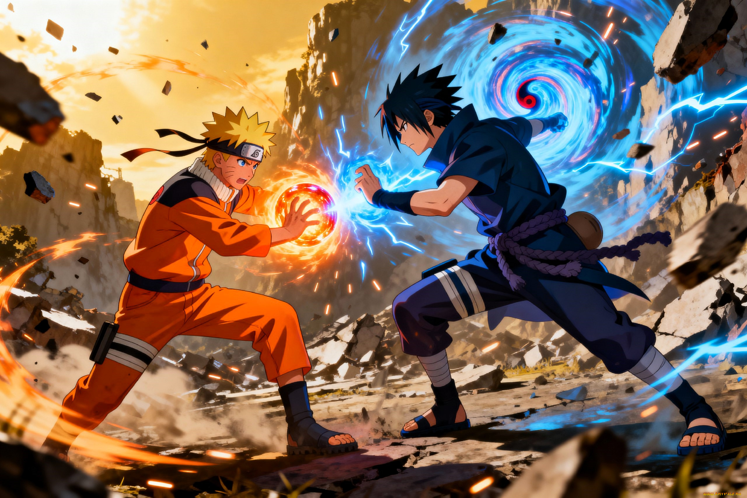 аниме, naruto, узумаки, наруто, учиха, саске, бой, поединок, магия, скалы