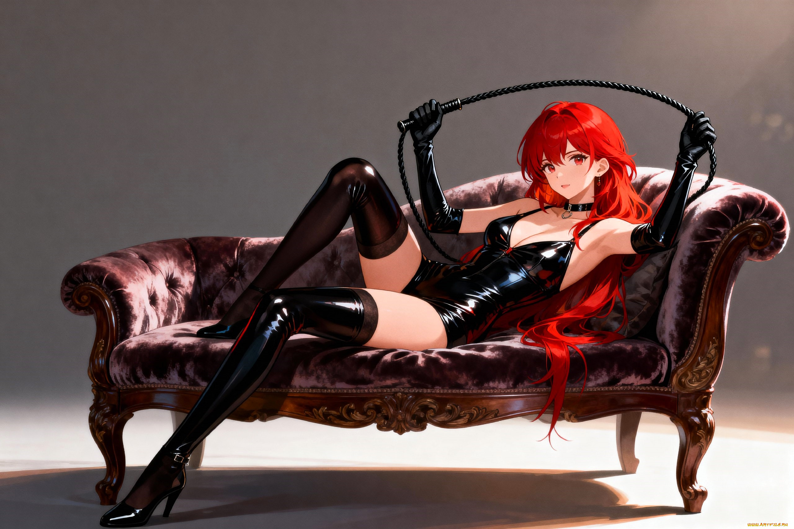 аниме, unknown, , другое, , девушка, боди, чулки, кнут, диван