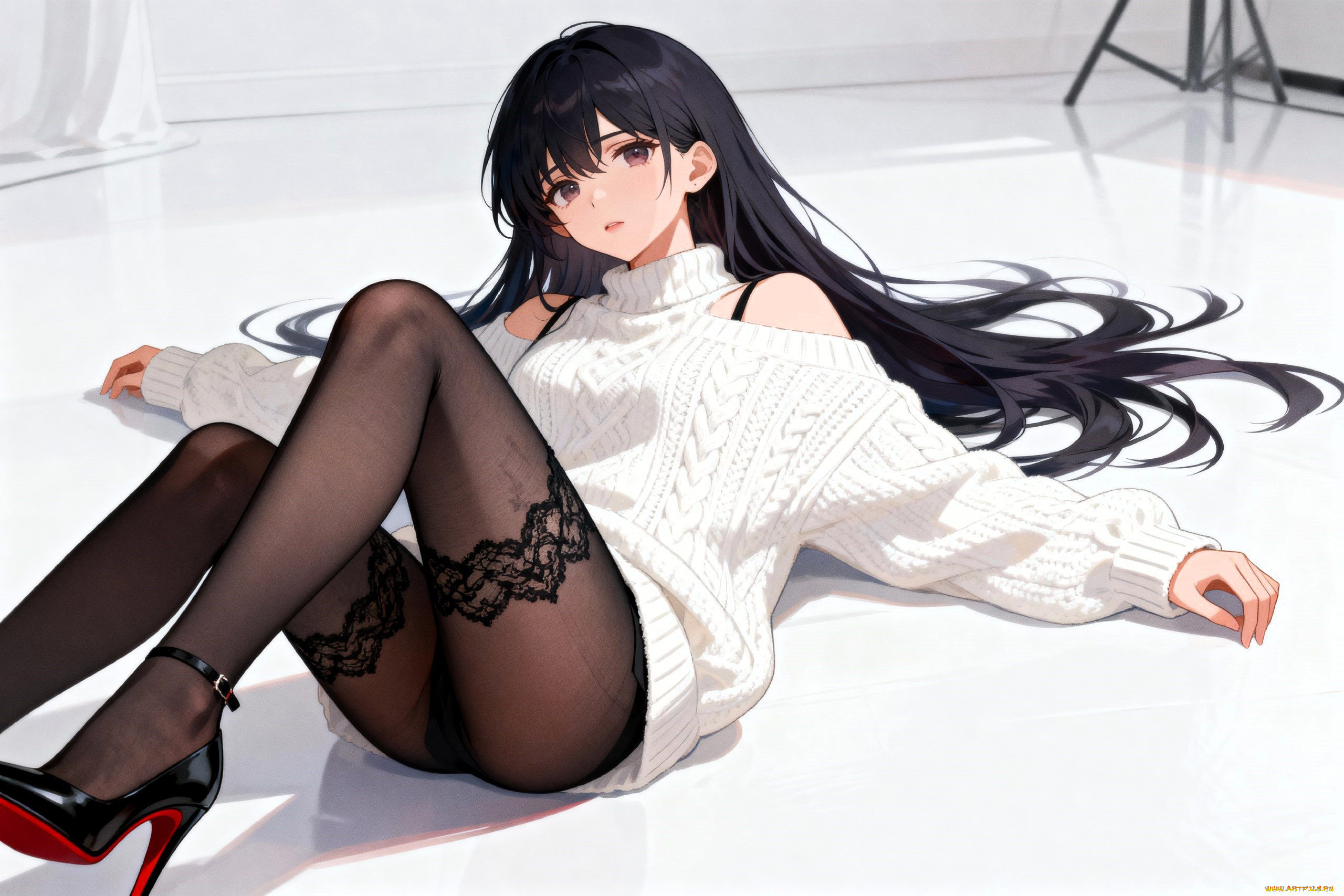 аниме, unknown, , другое, , девушка, брюнетка, свитер, колготки, туфли, пол