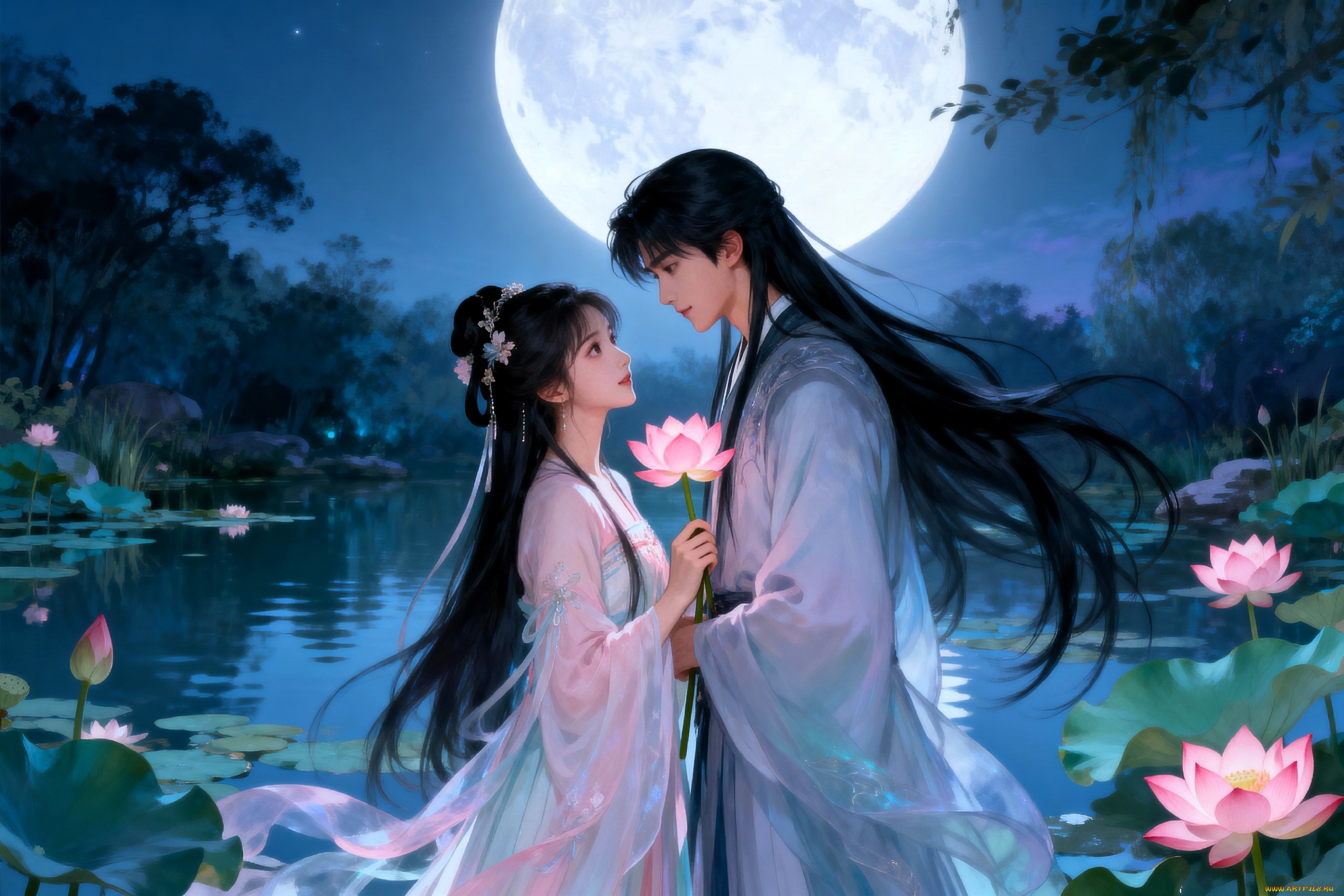 аниме, unknown, , другое, , парень, девушка, лотосы, любовь, озеро, луна