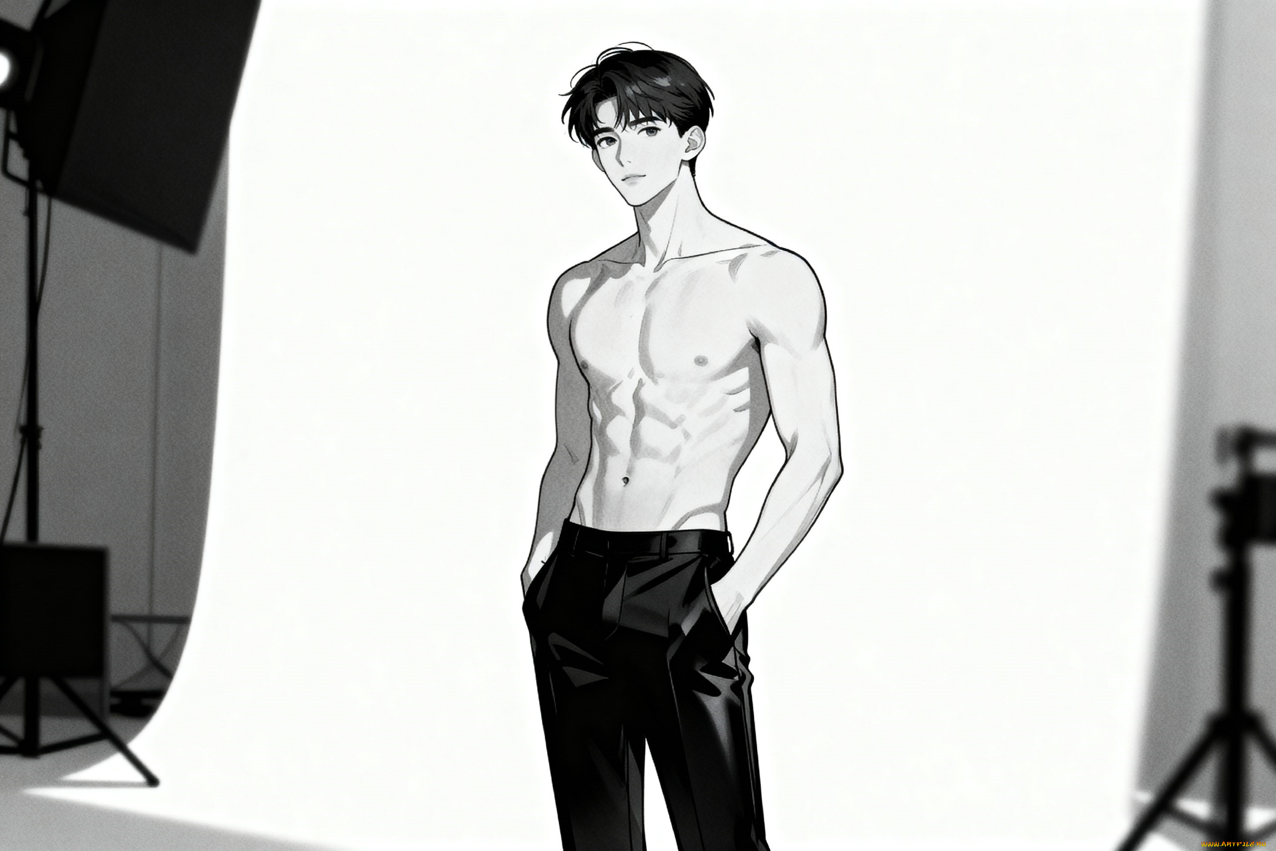 аниме, unknown, , другое, , парень, торс, брюки, фон, камеры