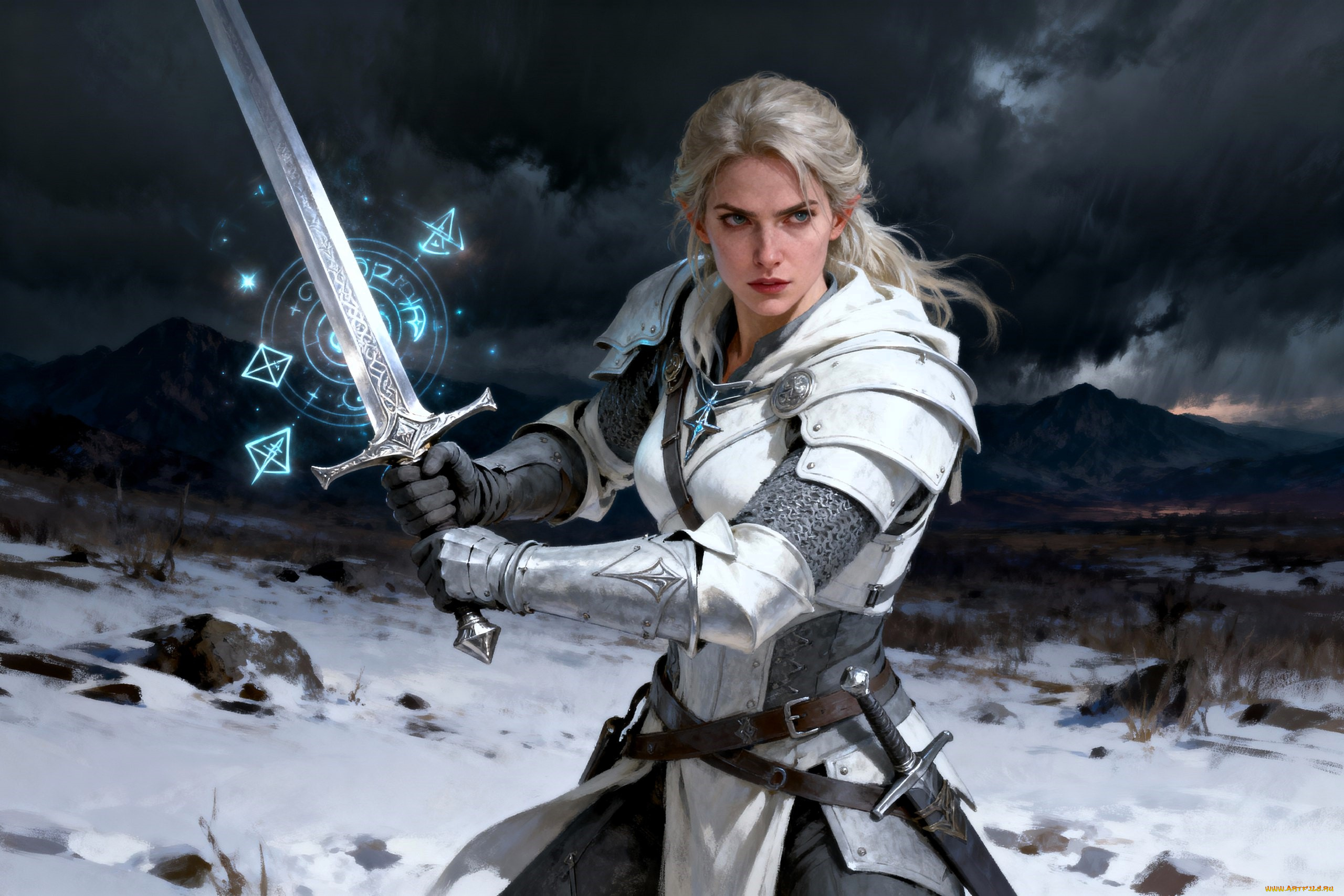 фэнтези, девушки, девушка, воительница, доспехи, меч, магия, снег, горы, тучи