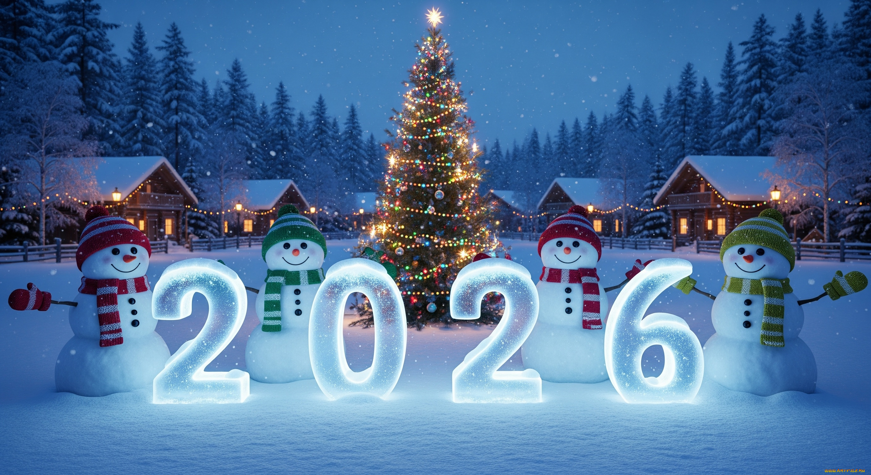 праздник, праздничные, снеговики, зима, снег, новый, год, арт, 2026, ёлка