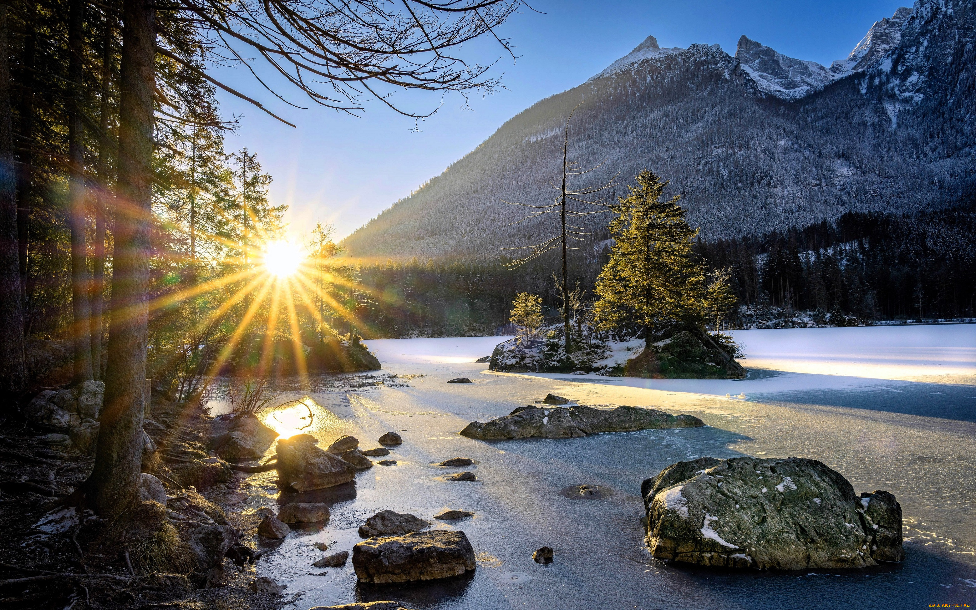 природа, реки, озера, горы, зима, лед, река, деревья, камни, солнце