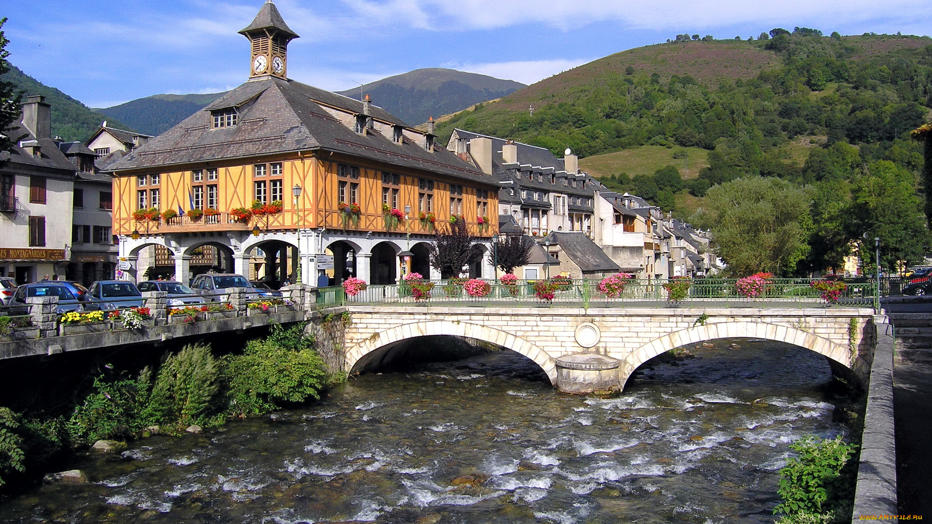 города, мосты, мост, река, горы, дома