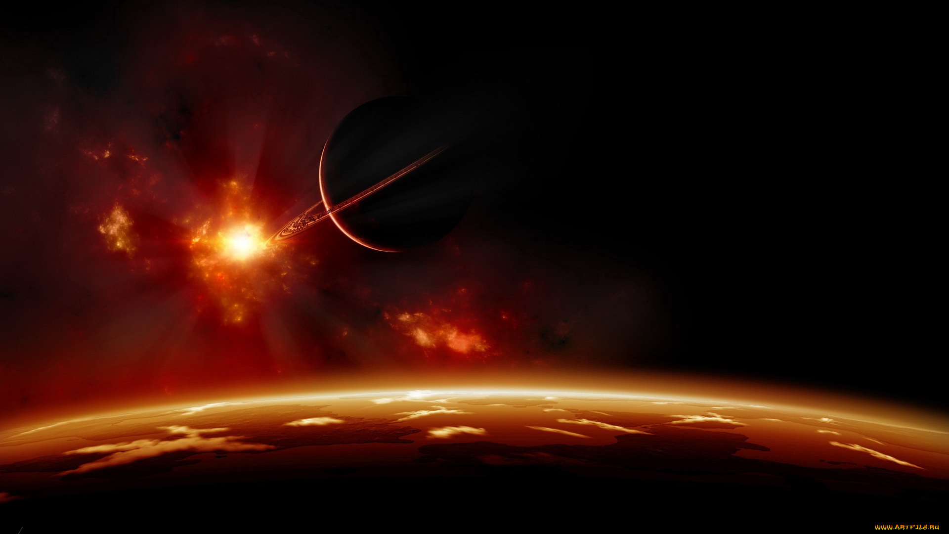 космос, арт, планеты, свечение