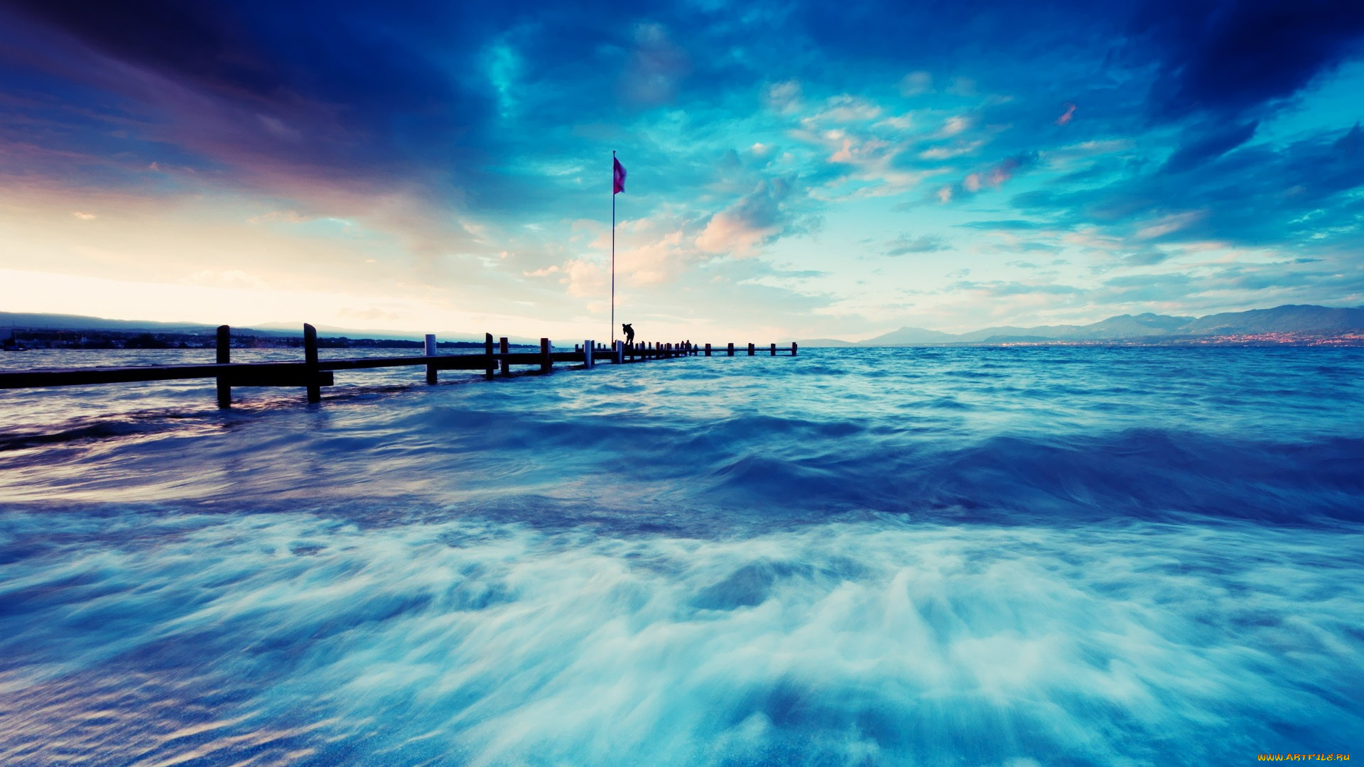 природа, моря, океаны, тучи, мол, волны, океан, горы