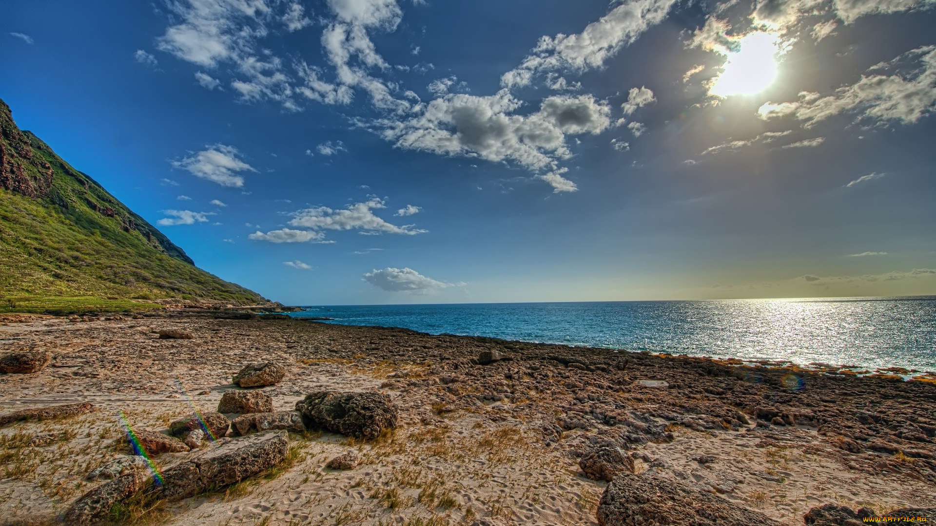 природа, побережье, облака, солнце, склон, пляж, океан