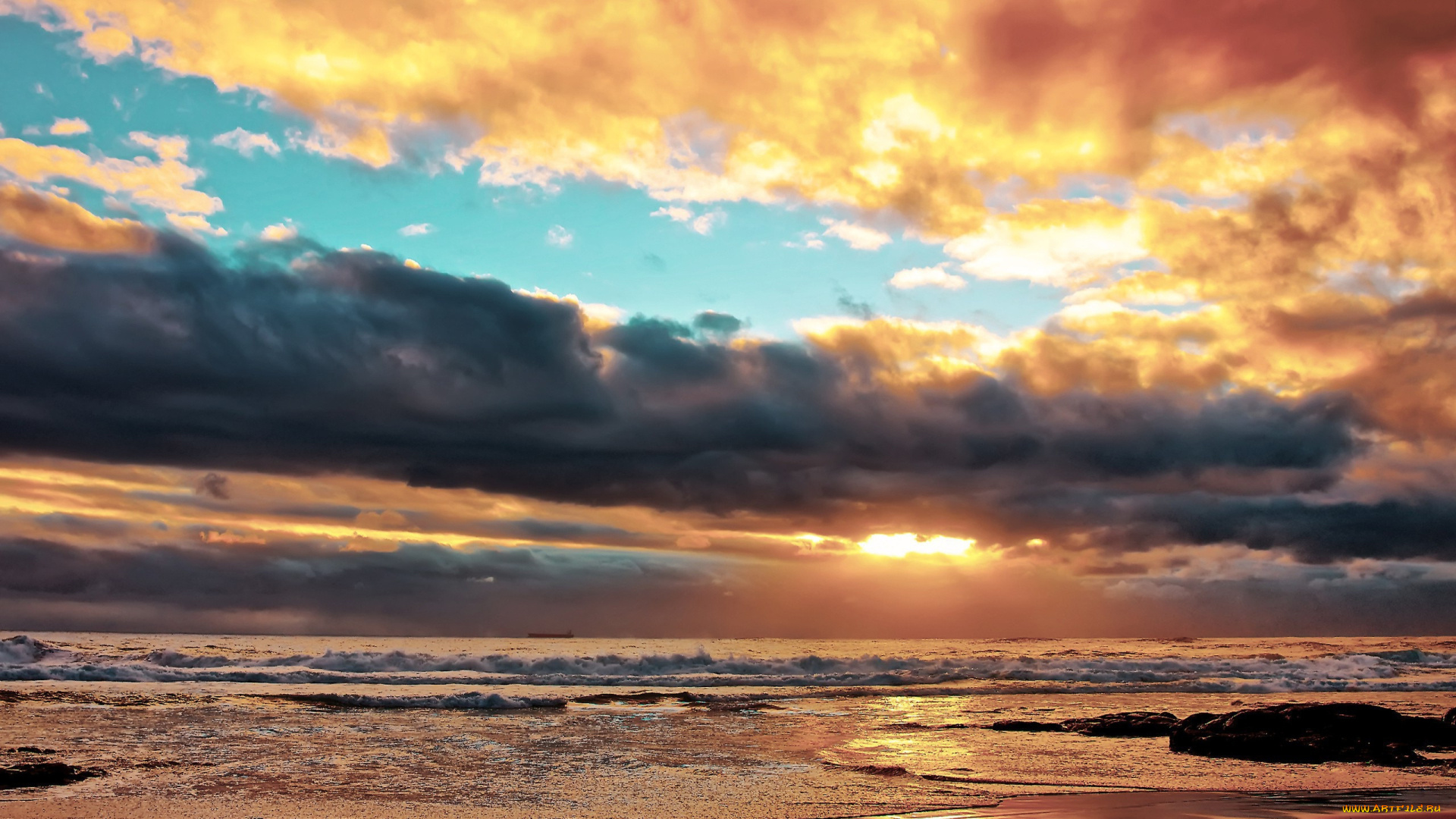 природа, побережье, тучи, камни, волны, океан, пляж