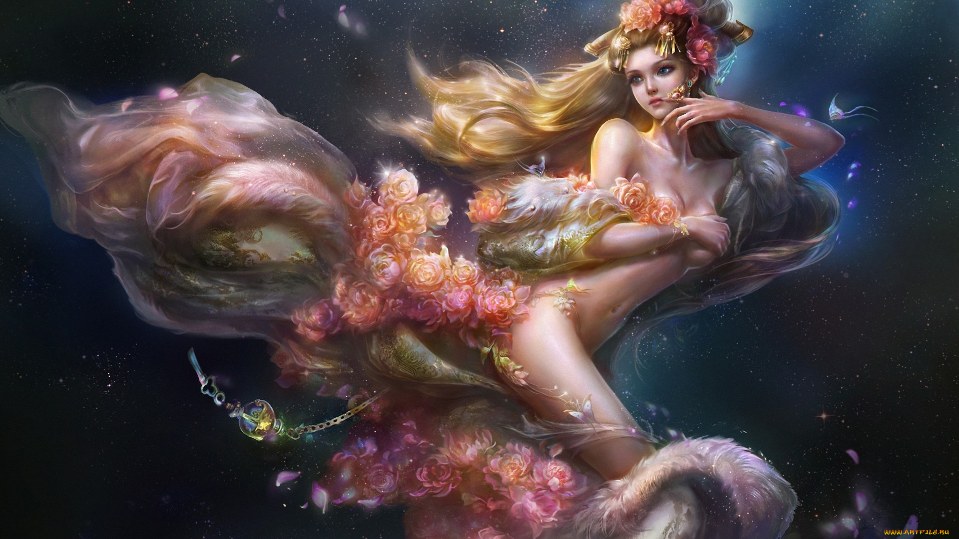 rongrong, wang, фэнтези, девушки, цветы