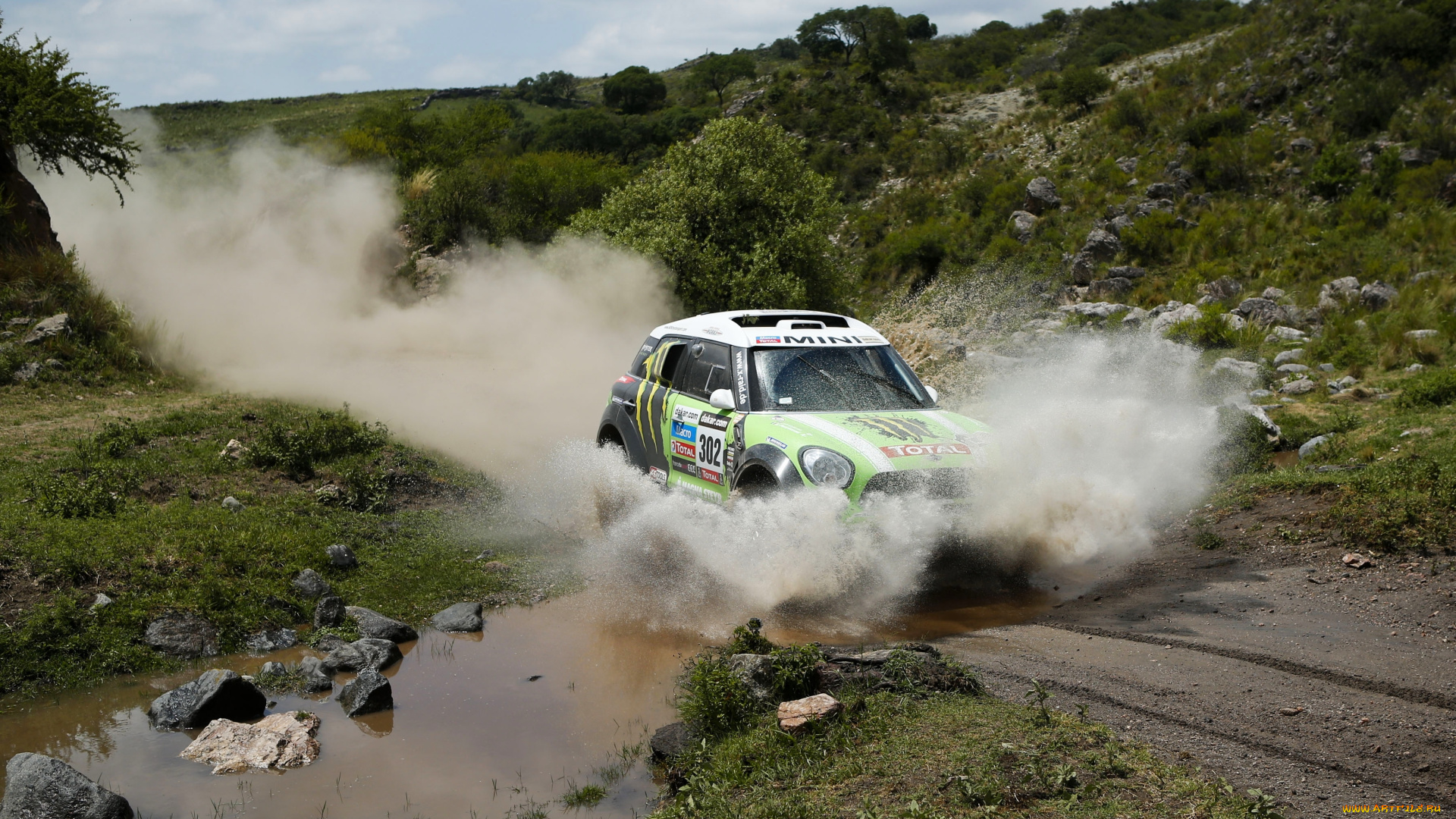 спорт, авторалли, брызги, ралли, дакар, dakar, мини, купер, mini, cooper, вода, пыль