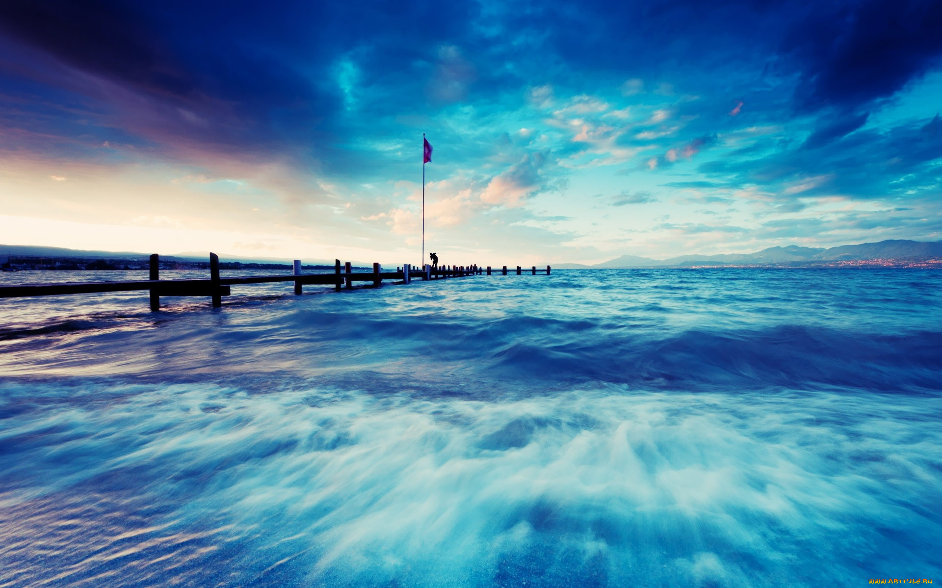 природа, моря, океаны, тучи, мол, волны, океан, горы