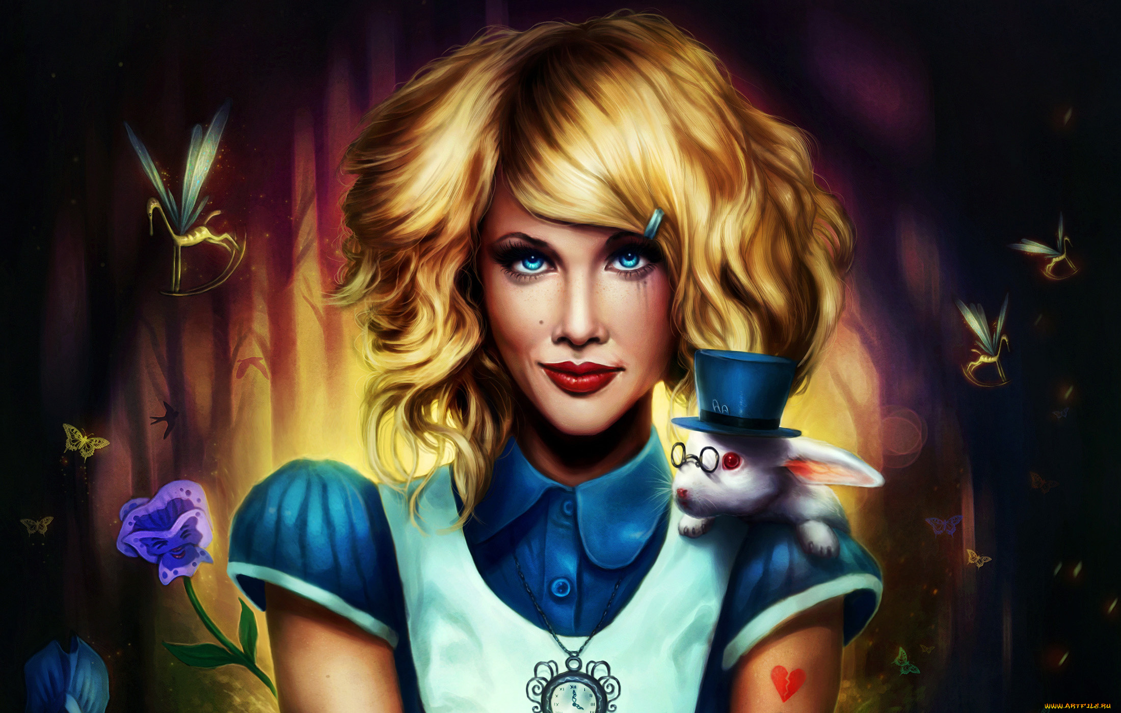 алиса, стране, чудес, фэнтези, девушки, бабочка, цветок, кролик, цилиндр, часы, сказка