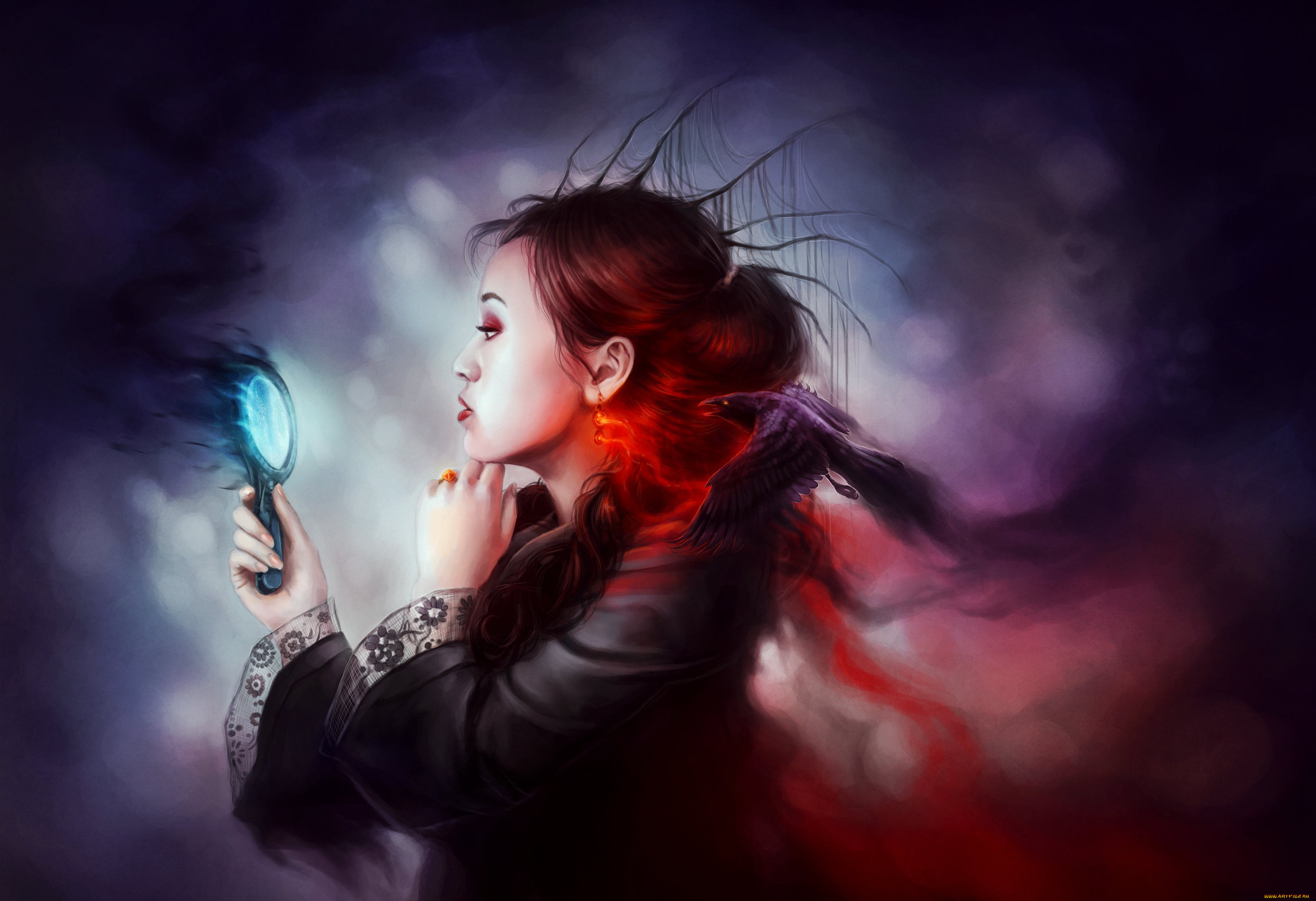 фэнтези, девушки, зеркало, ворон