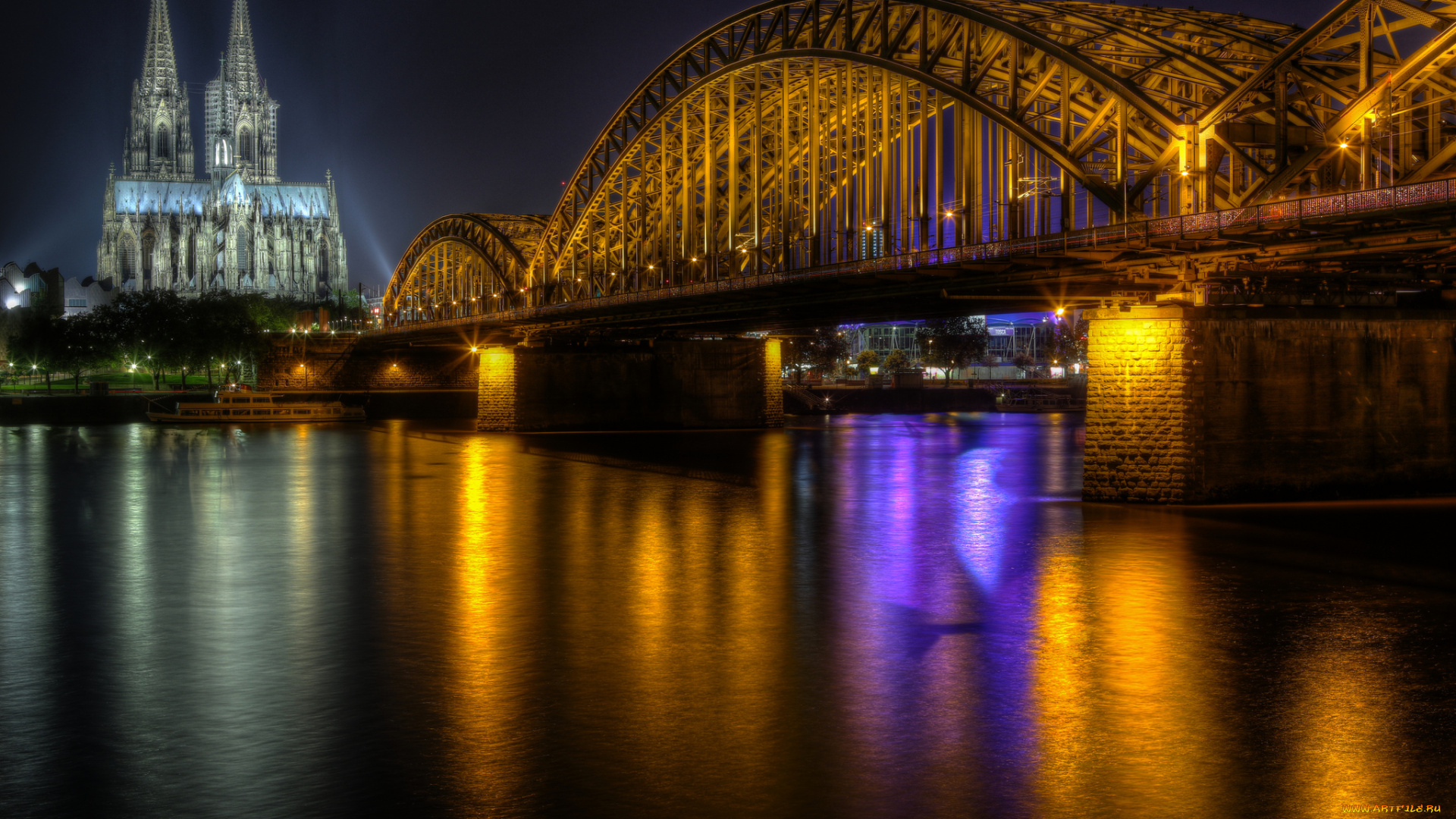 cologne, cathedral, and, hohenzollern, bridge, города, кельн, , германия, ночь, река, мост, собор, огни