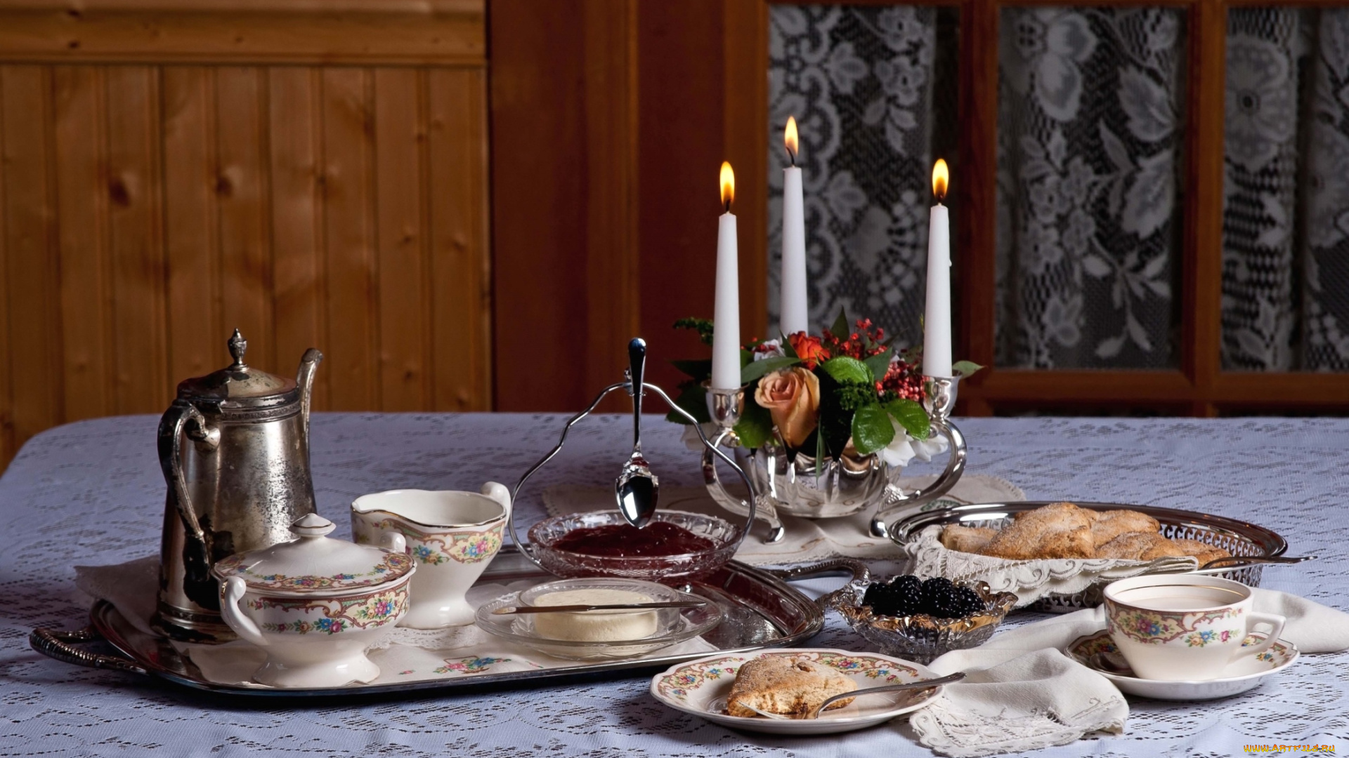 еда, сервировка, чашки, свечи, пирог, джем