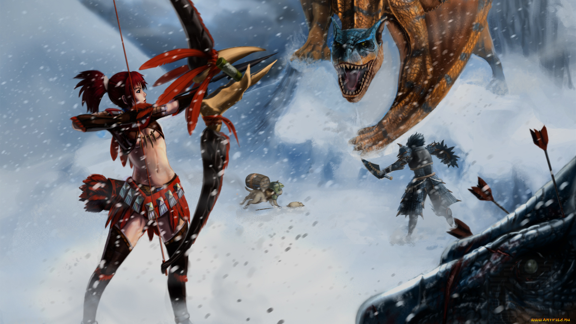 фэнтези, красавицы, и, чудовища, девушка, воин, лук, стрелы, дракон, схватка