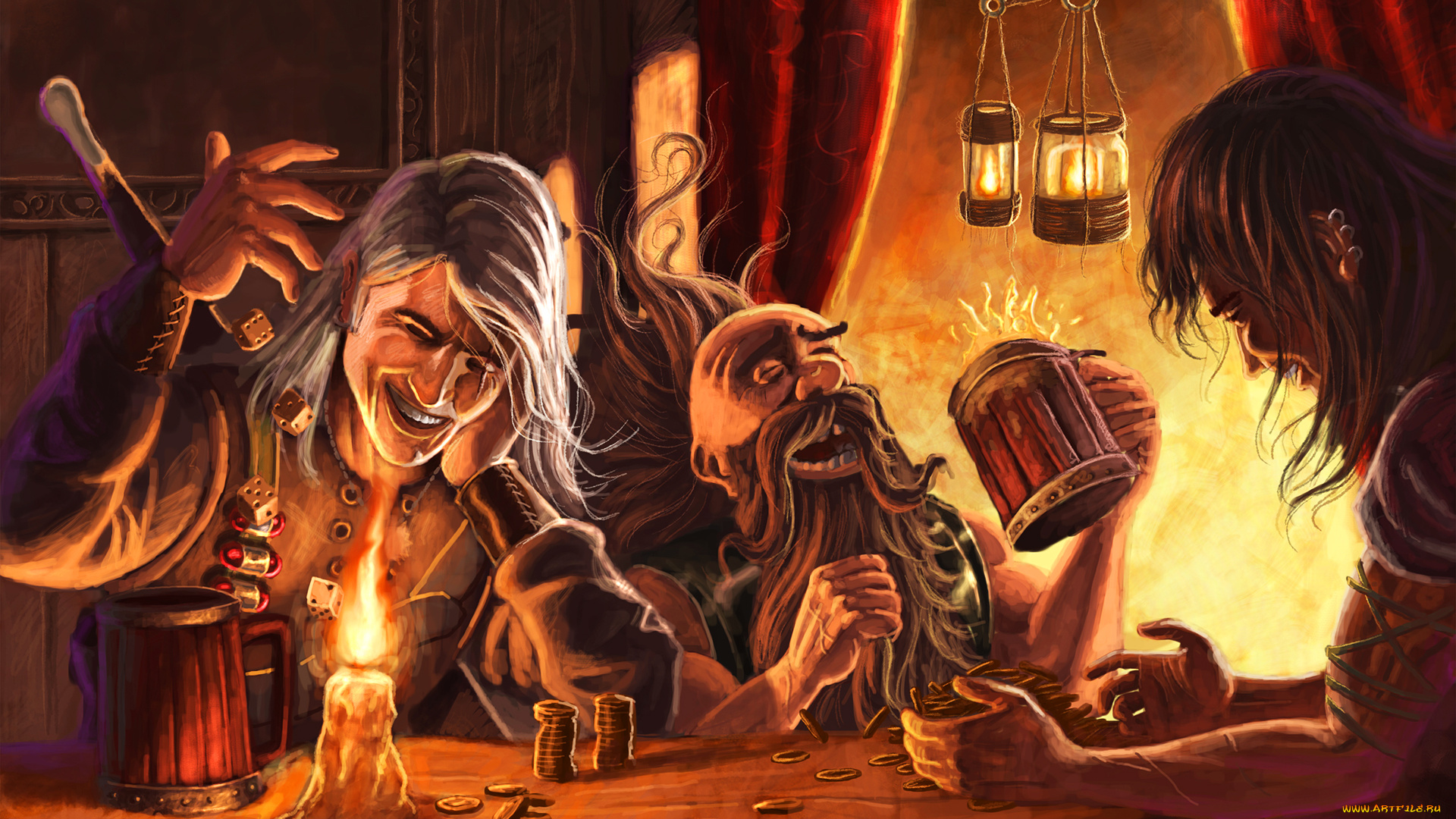 фэнтези, люди, улыбка, свеча, кости, кружка, монеты