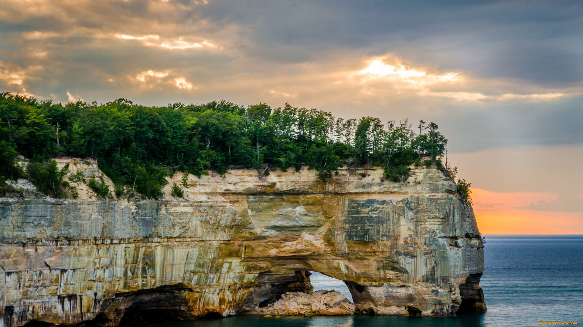 природа, побережье, лес, арка, скалы, океан